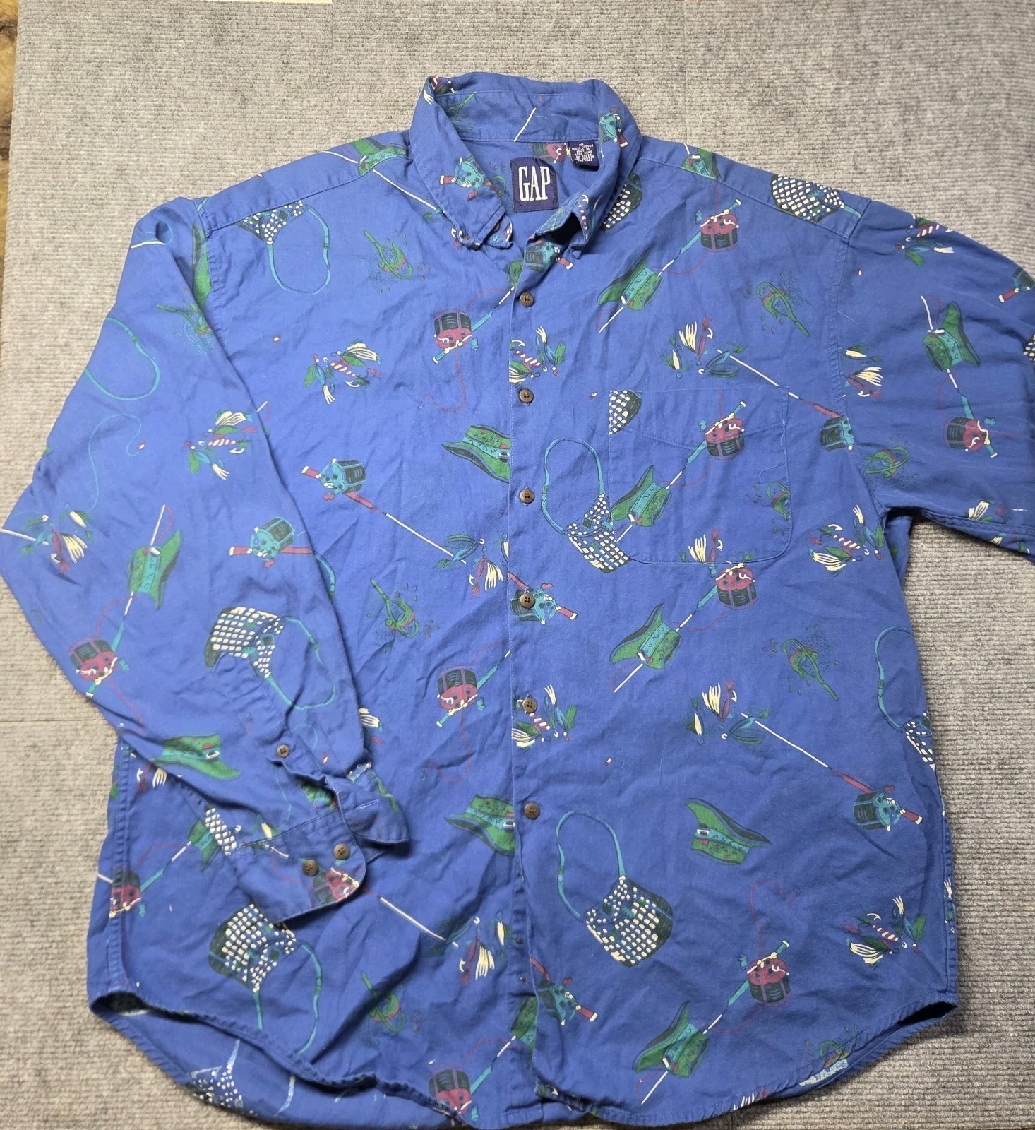 Vintage GAP Fishing Fisherman Print Button Down Mens Shirt Rod Reel Tackle Sz XL