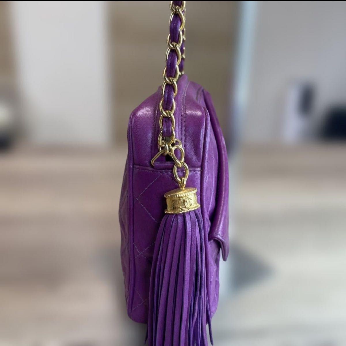 CHANEL Vintage Purple Lambskin Matelasse Tassel Chain Shoulder Bag