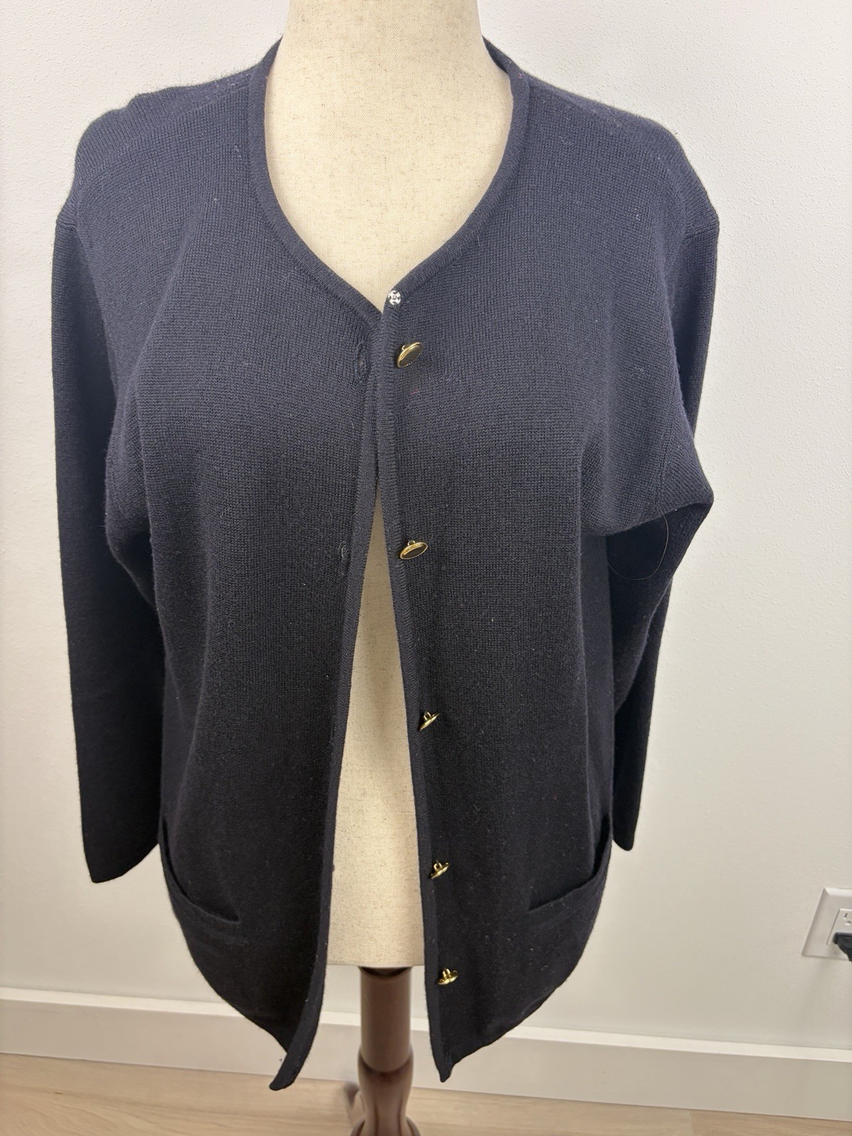 Talbots Petites L Black 100% Merino Wool Cardigan Sweater Gold Buttons