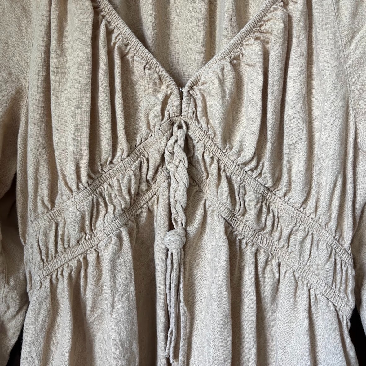 LINEN Blend Boho Cottage Midi Dress Medium M Smocked Beige Khaki Peasant Travel