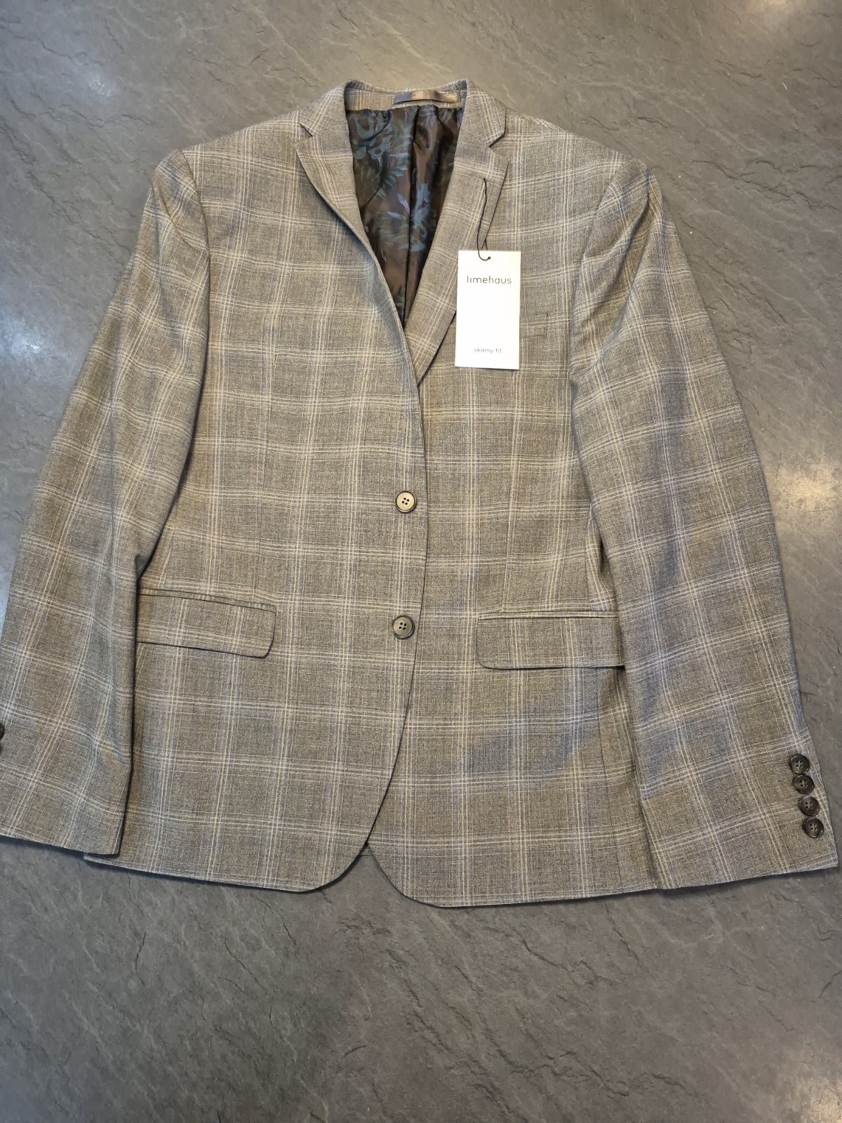 Limehaus Akerman Skinny Fit Light Grey Check Suit Jacket, Size 40S BNWT