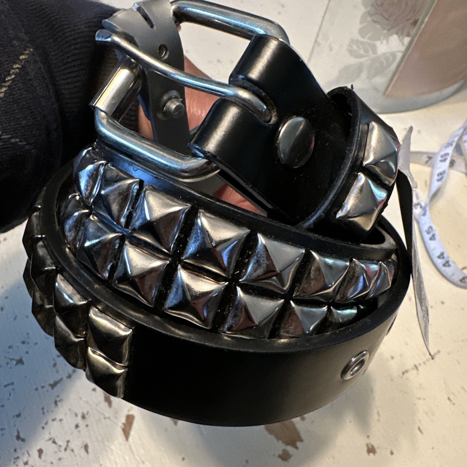 Size 28 Two Row CONEHEAD Studded Belt BLACK Leather Belt Punk Goth FunkHotTopic