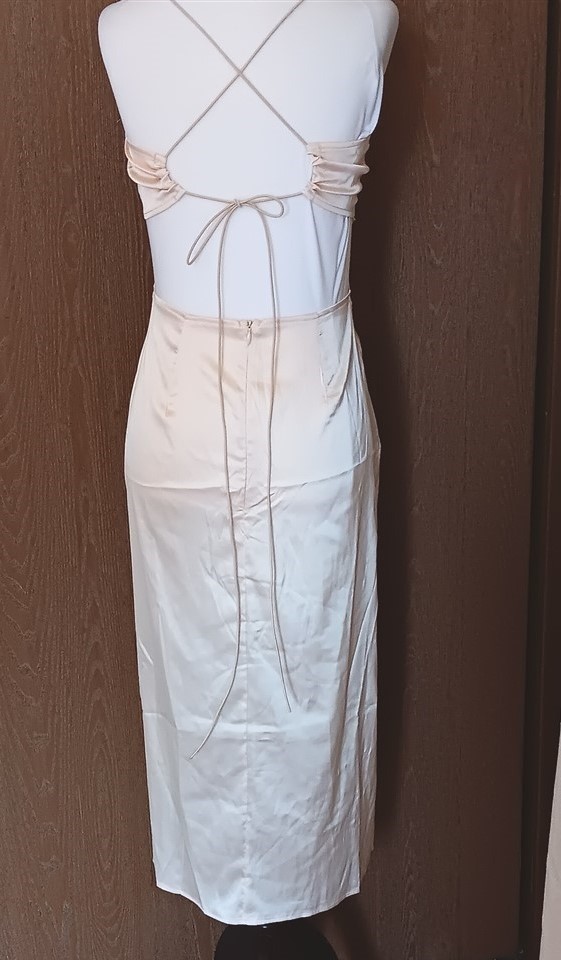 Lyaner Cocktail Dress M Satin Champagne Cutout Back Cowl Neck Strappy New