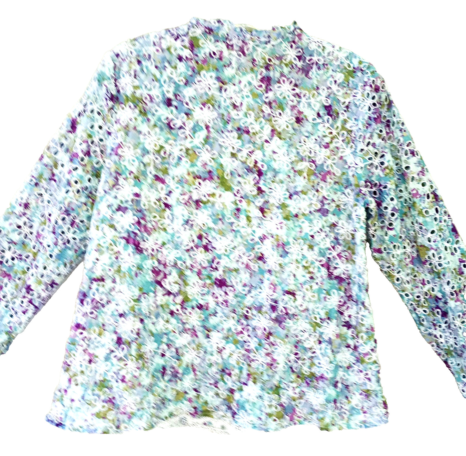 LOGO Size S Floral Lace Eyelet Cotton Gathered Long Sleeve Top Button-Up Women