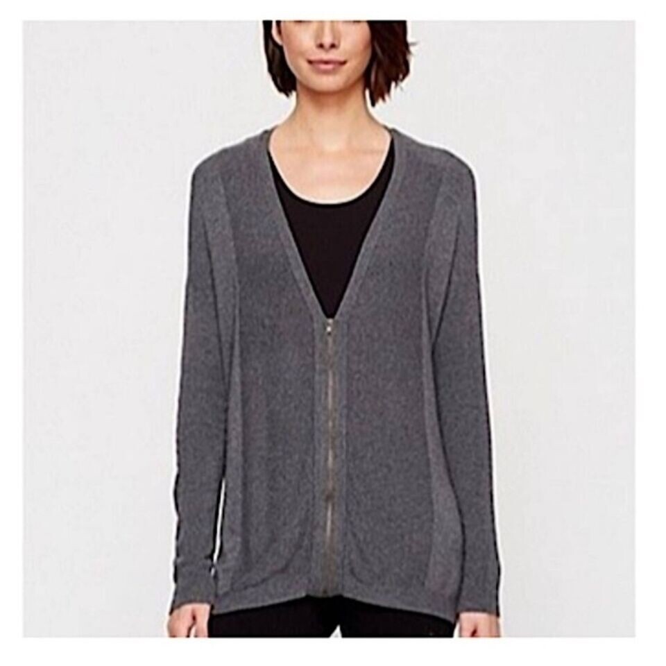 EILEEN FISHER ASH GRAY V NECK ZIP UP STRETCH CARDIGAN SWEATER SIZE M