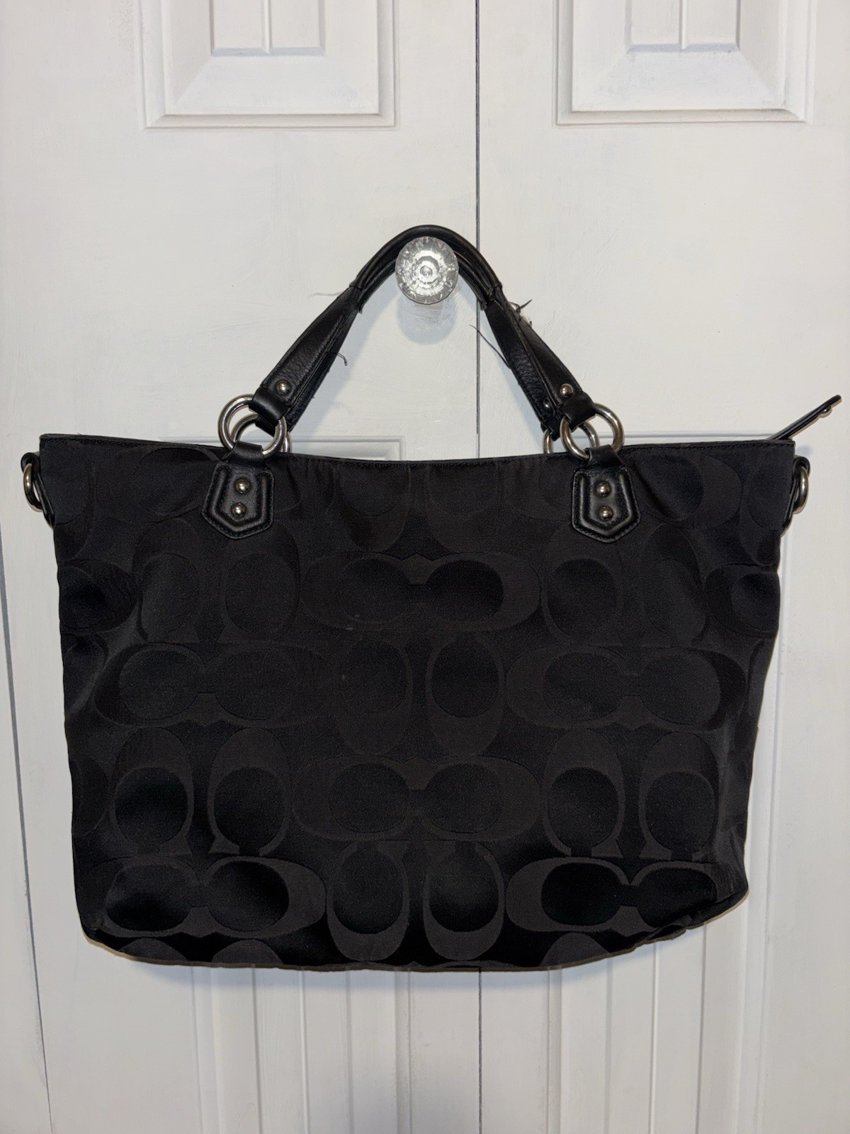 Coach Signature Logo Large Tote Zip Black/Gray, Buckle Pocket, Charm, Silver