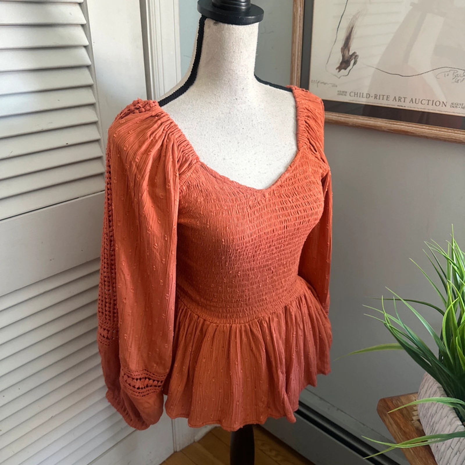 Vintage Nostalgia Top Medium Rust Orange Smocked MilkmaidRetro Y2K Boho
