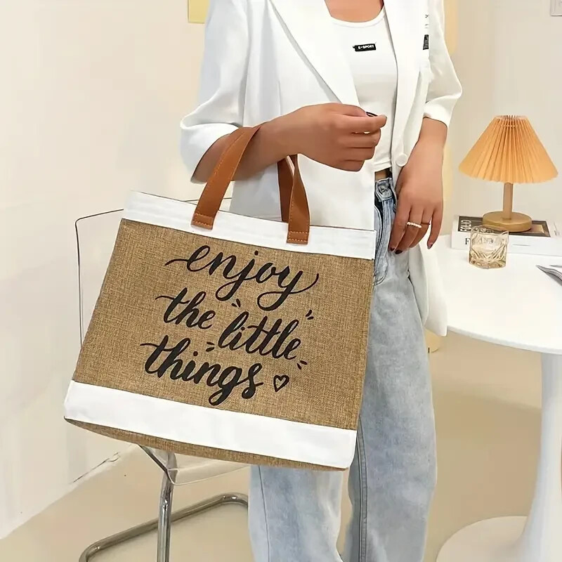 Tote Bag Simple Letter Print Satchel Bag, Colorblock Tote Handbag All-Match Bag