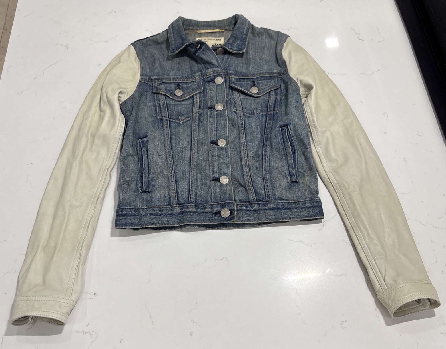 RAG & BONE Women’s Light Blue Denim Jacket With Cream Leather Sleeves Size XS