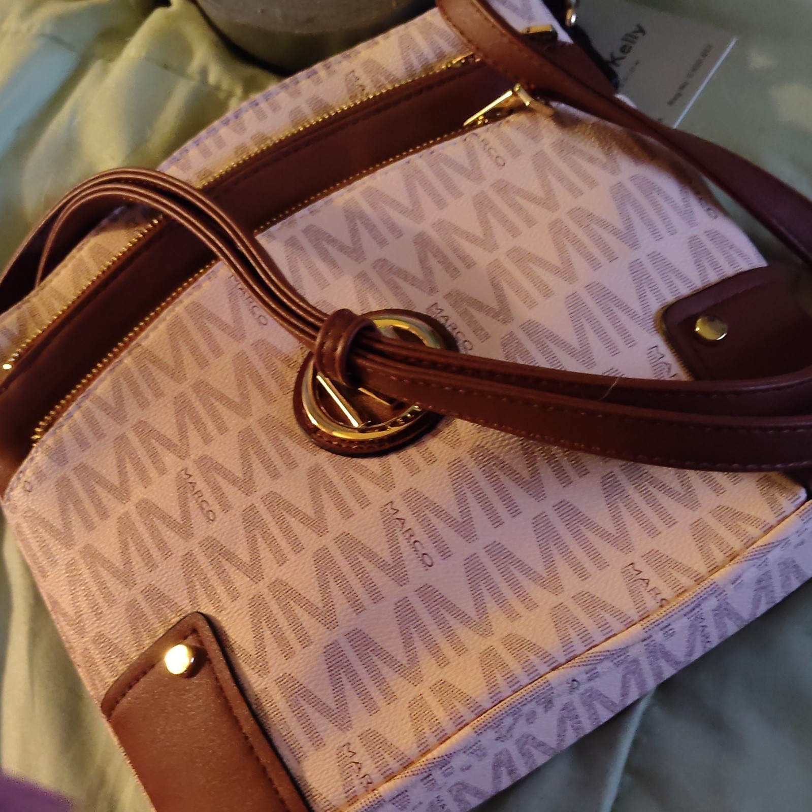 Marco Beige Logo Shoulder Bag Brown Trim Zip Closure Detachable Strap Gold