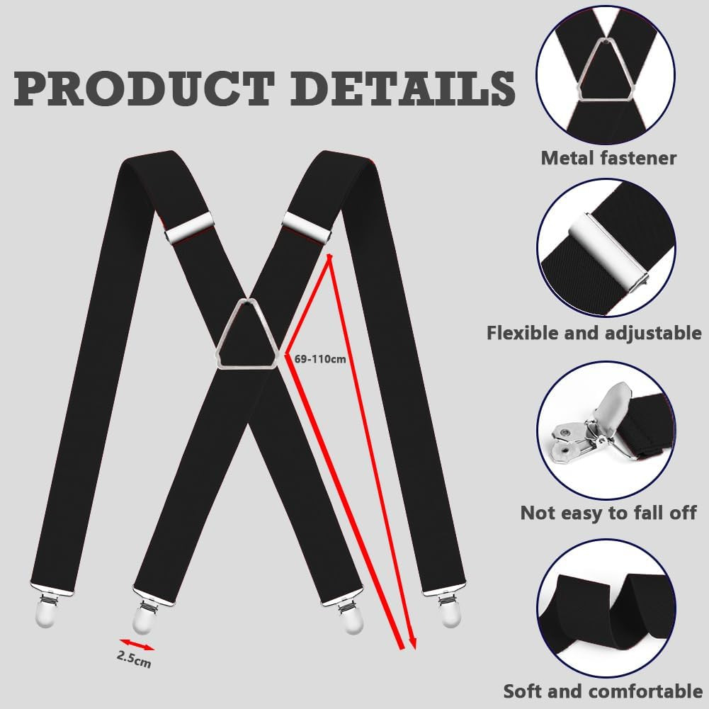 Mens Suspenders Adjustable Braces X-Back Elastic 4 Metal Clips Heavy Duty Strap