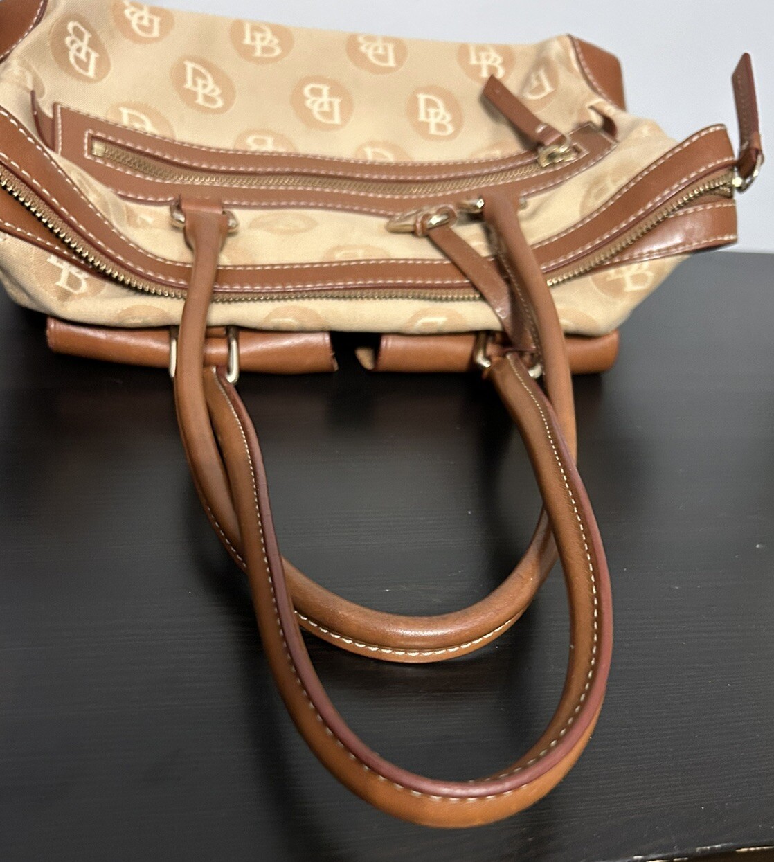 Dooney Bourke Satchel Purse Tan Canvas Leather 2 Front Lock Double Pocket
