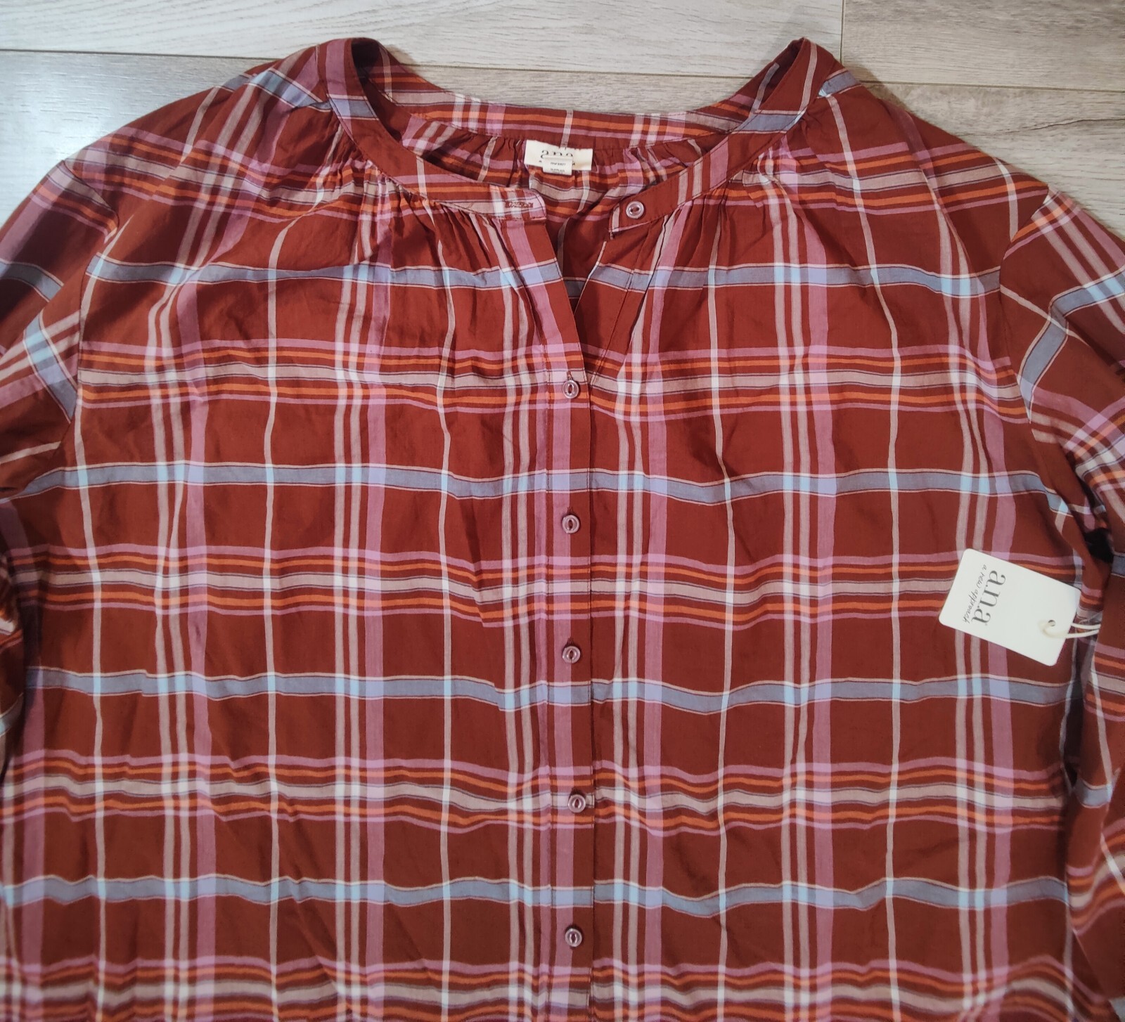 A.N.A Womens 3X Brown Multi Color Front Button Up Plaid Blouse 100%Cotton NWT