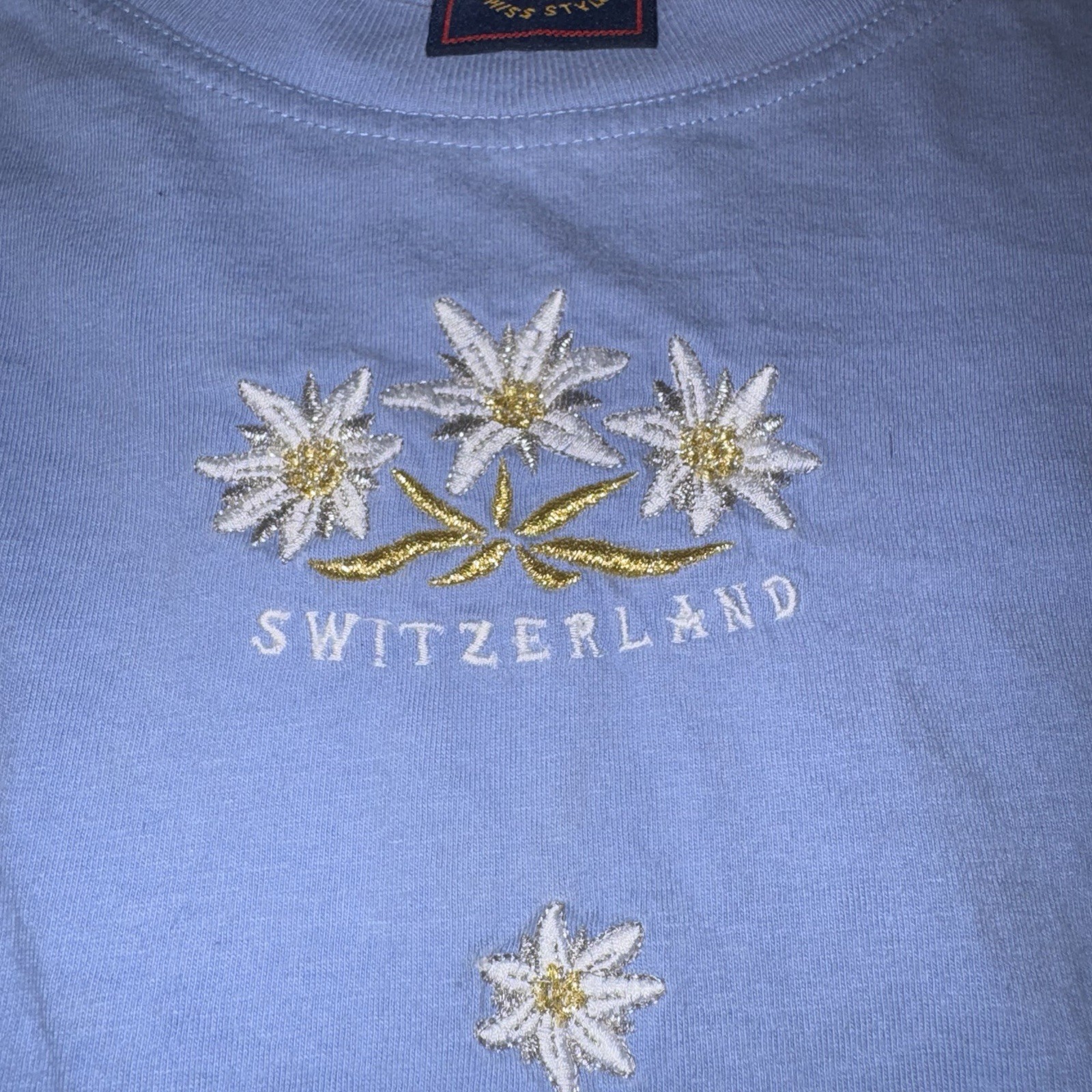 Ronwhil Men’s XL Blue Switzerland Embroidered Knit Cotton Crew Neck T-Shirt