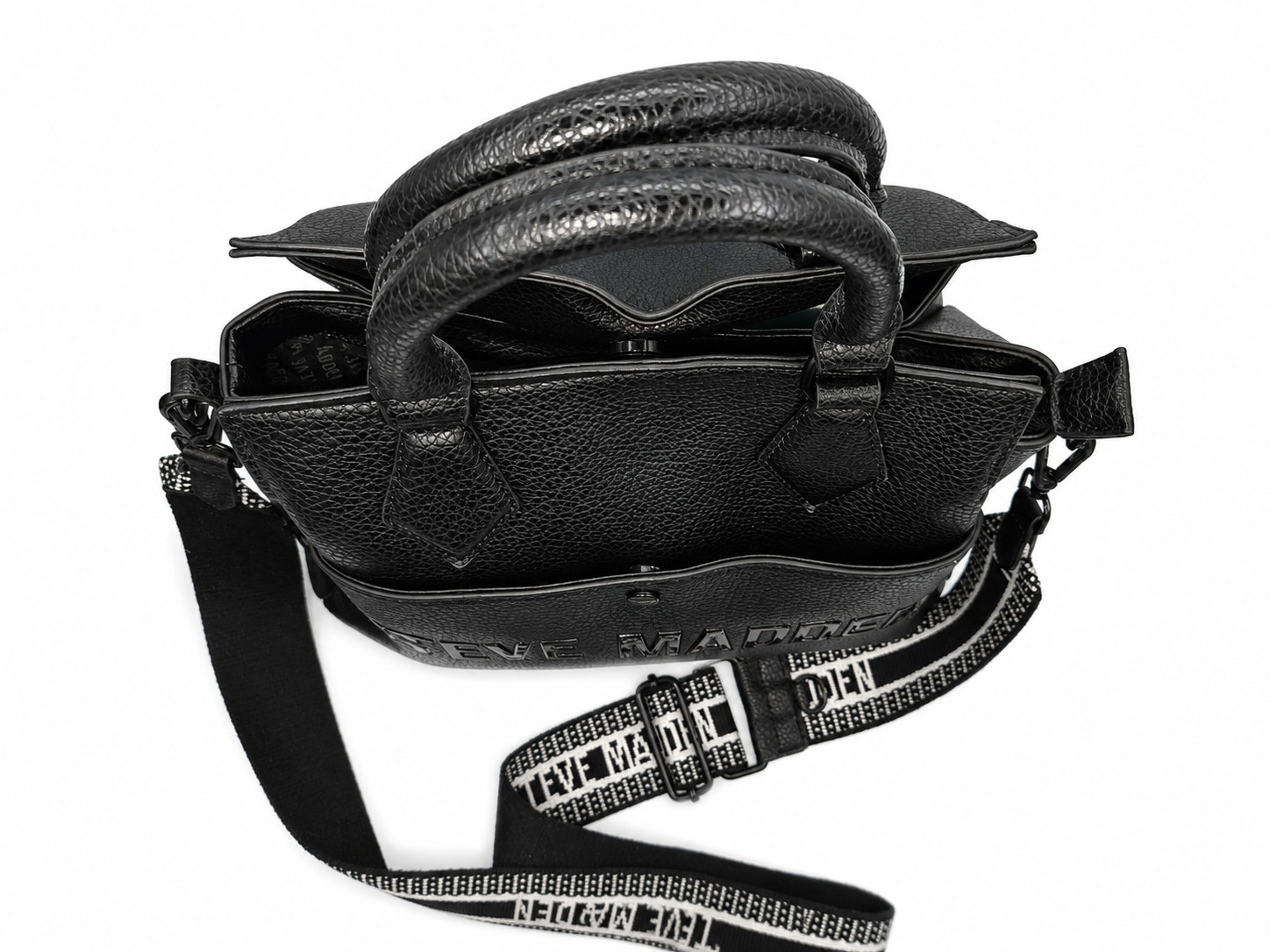 Steve Madden Black Pebbled Faux Leather Satchel Crossbody Tote Shoulder Bag