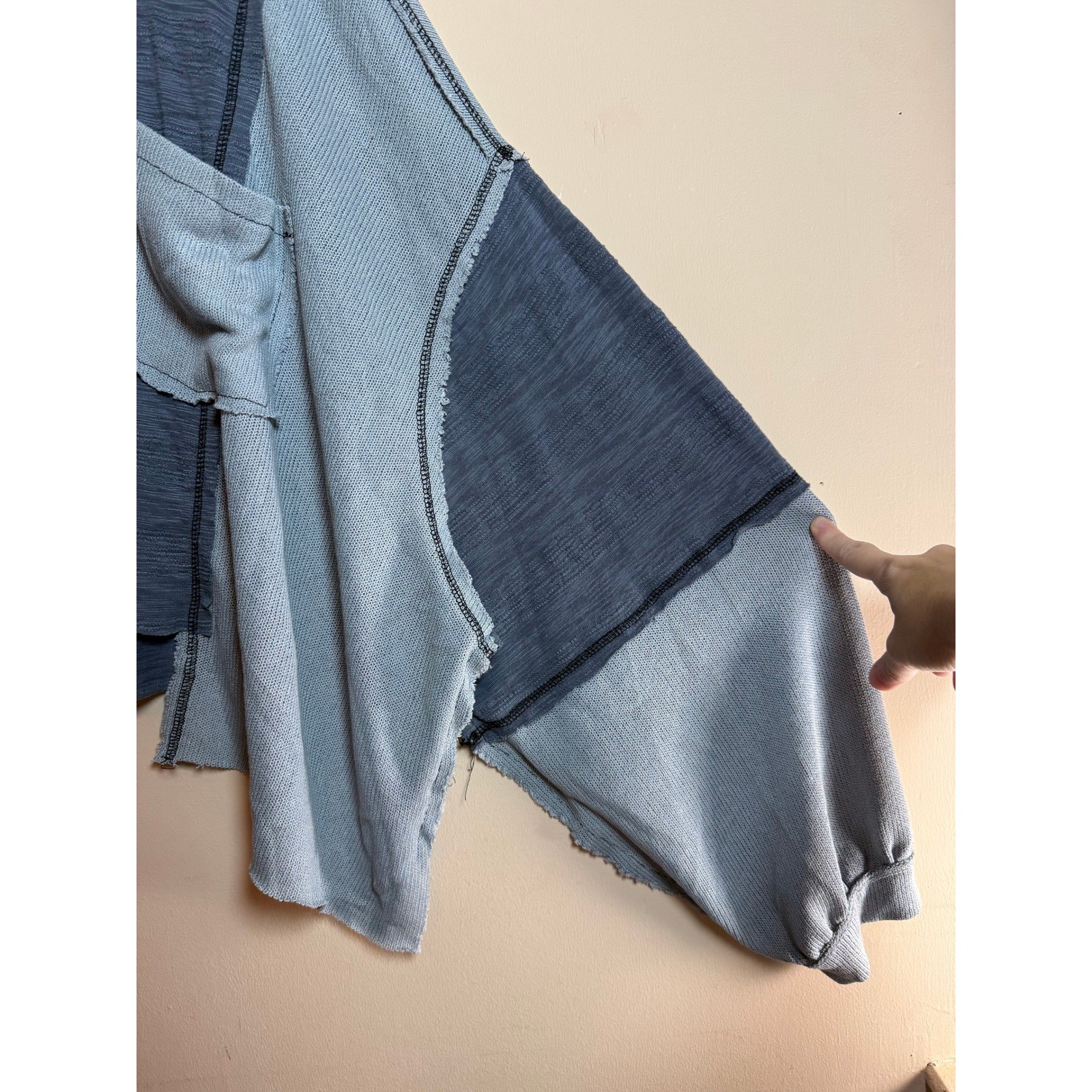 POL Oversized Balloon Sleeve Raw Edge Knit Top Indigo Patchwork Large Boho NEW