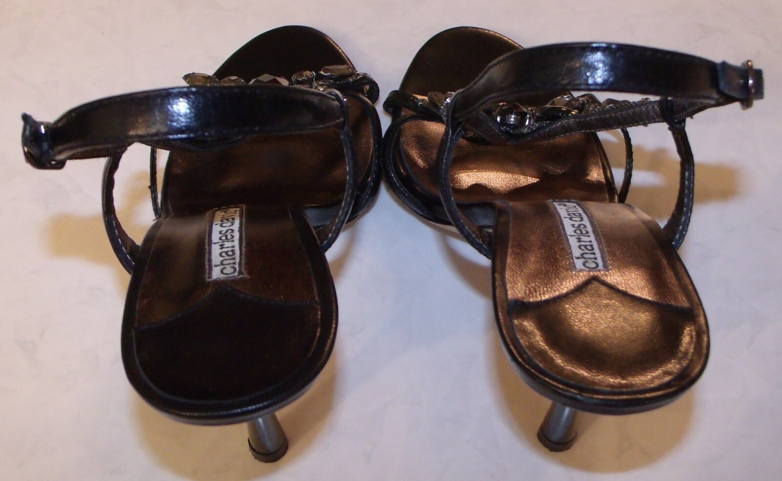 CHARLES DAViD black silver stone gem embellished strappy sandal hi heel dance 7