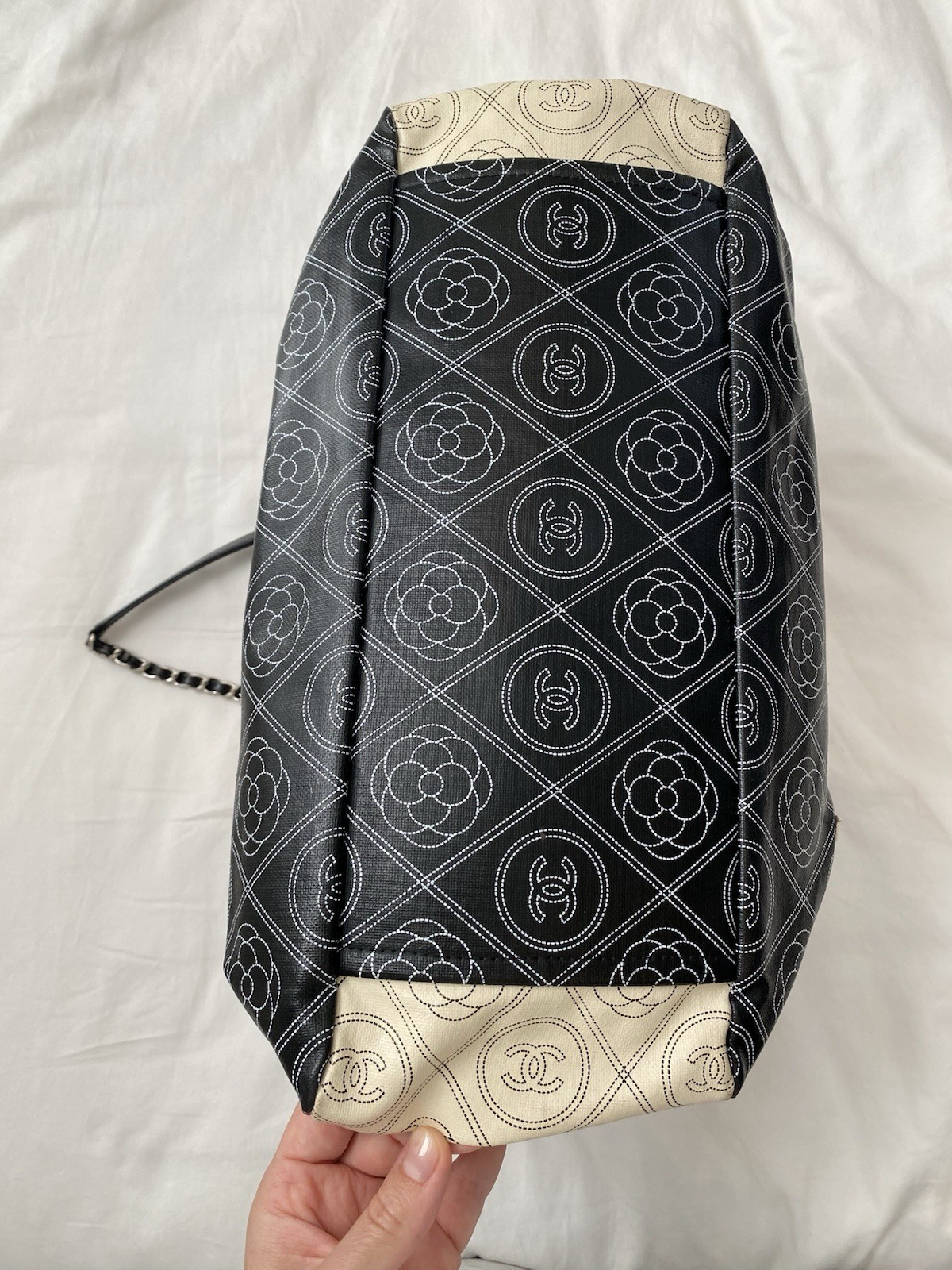 CHANEL Large Deauville Camellia Shopping Coated Canvas Tote Bag Black Beige✨