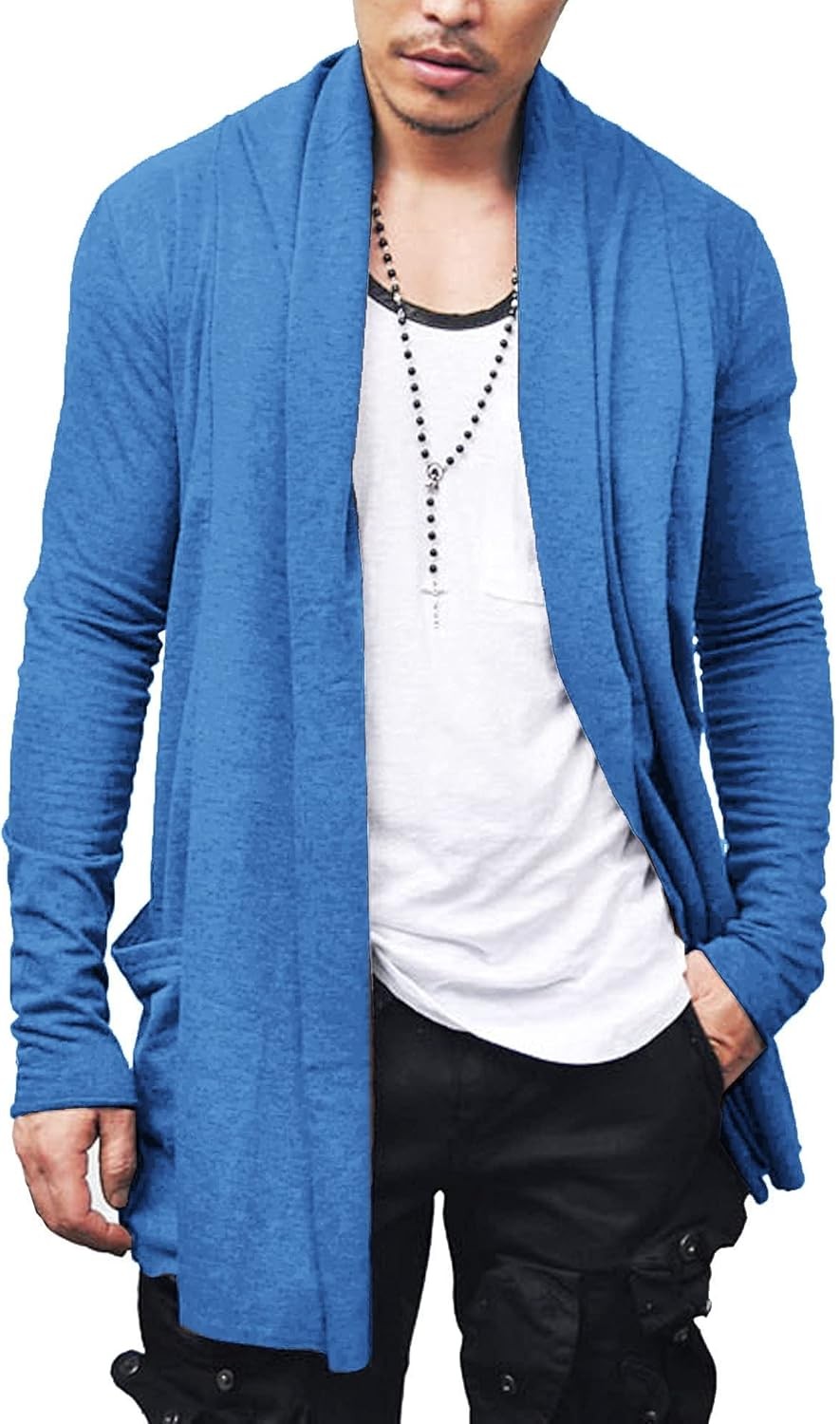 Men’s Lightweight Open Front Cardigan Longline Drape Sweater with Pockets Shawl