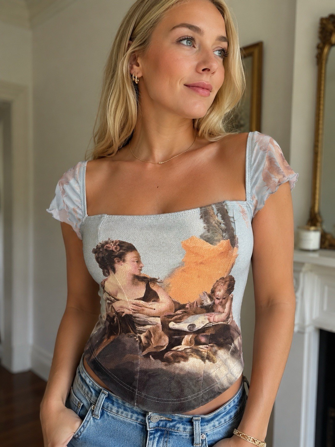 Rococo Art Print Mesh Top Coquette Fairycore Balletcore Romantic Shirt Small new
