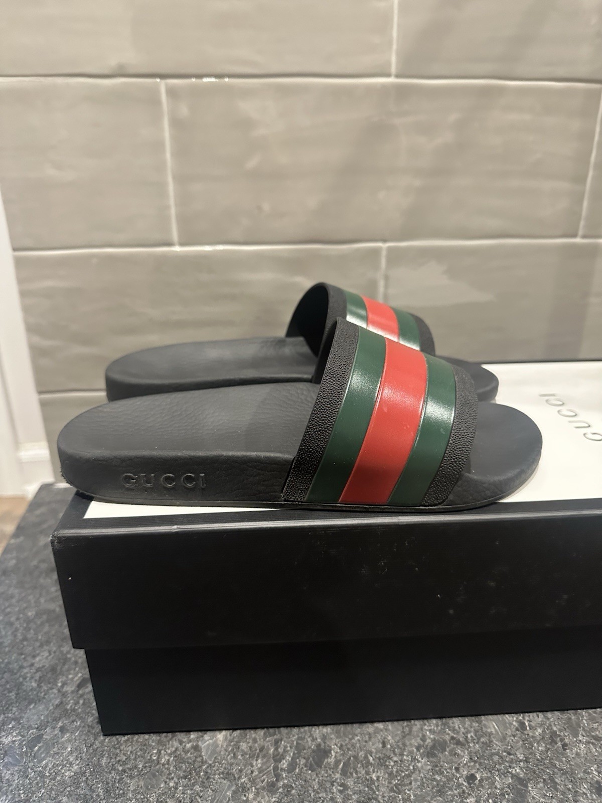 Gucci Men’s Web Stripe Rubber Slides US 5.5