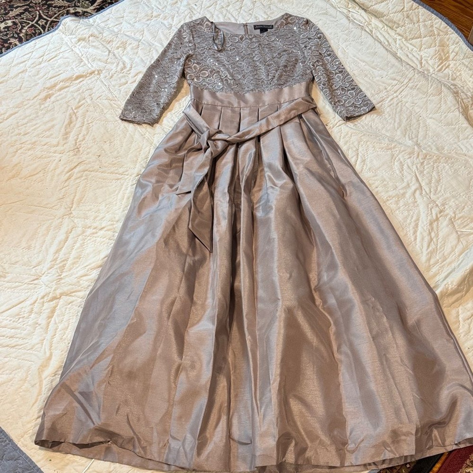 Lace bodice and pleated Dress bottom with tie Bow 6 champagne