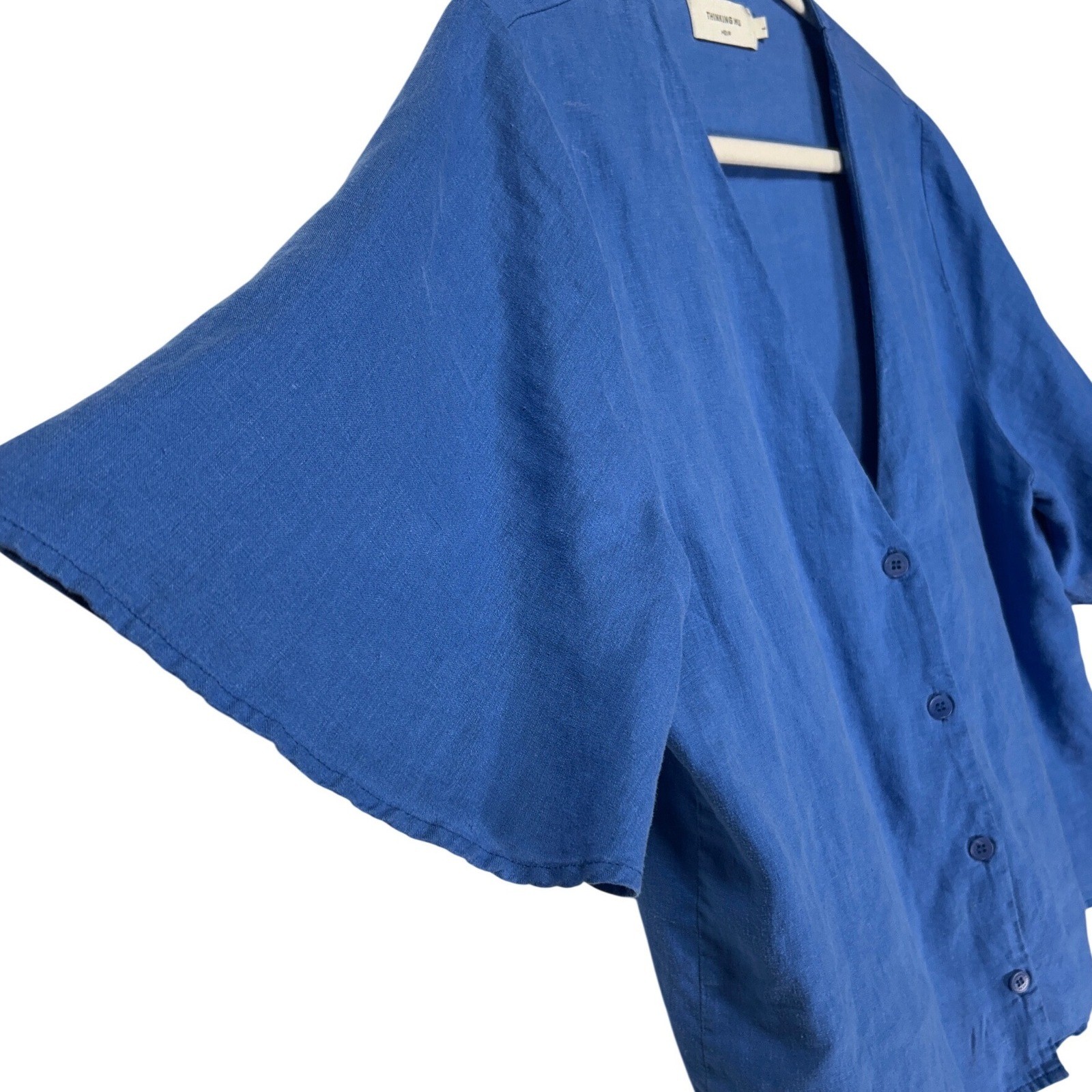 Thinking Mu Hemp Blue V-Neck Button Down Short Sleeve Blouse Size L Retail: $189