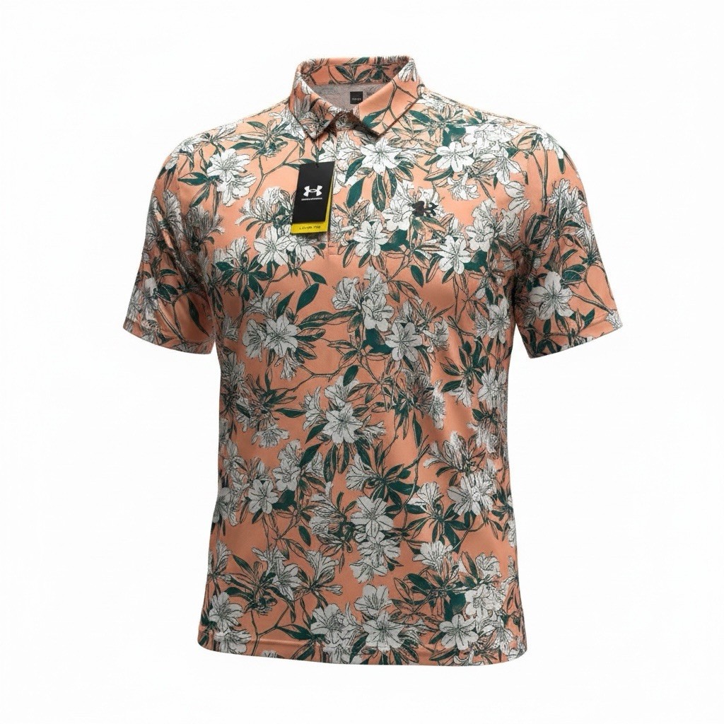 Under Armour Men’s Polo UA Matchplay Printed Floral Peach Green White NWT Golf