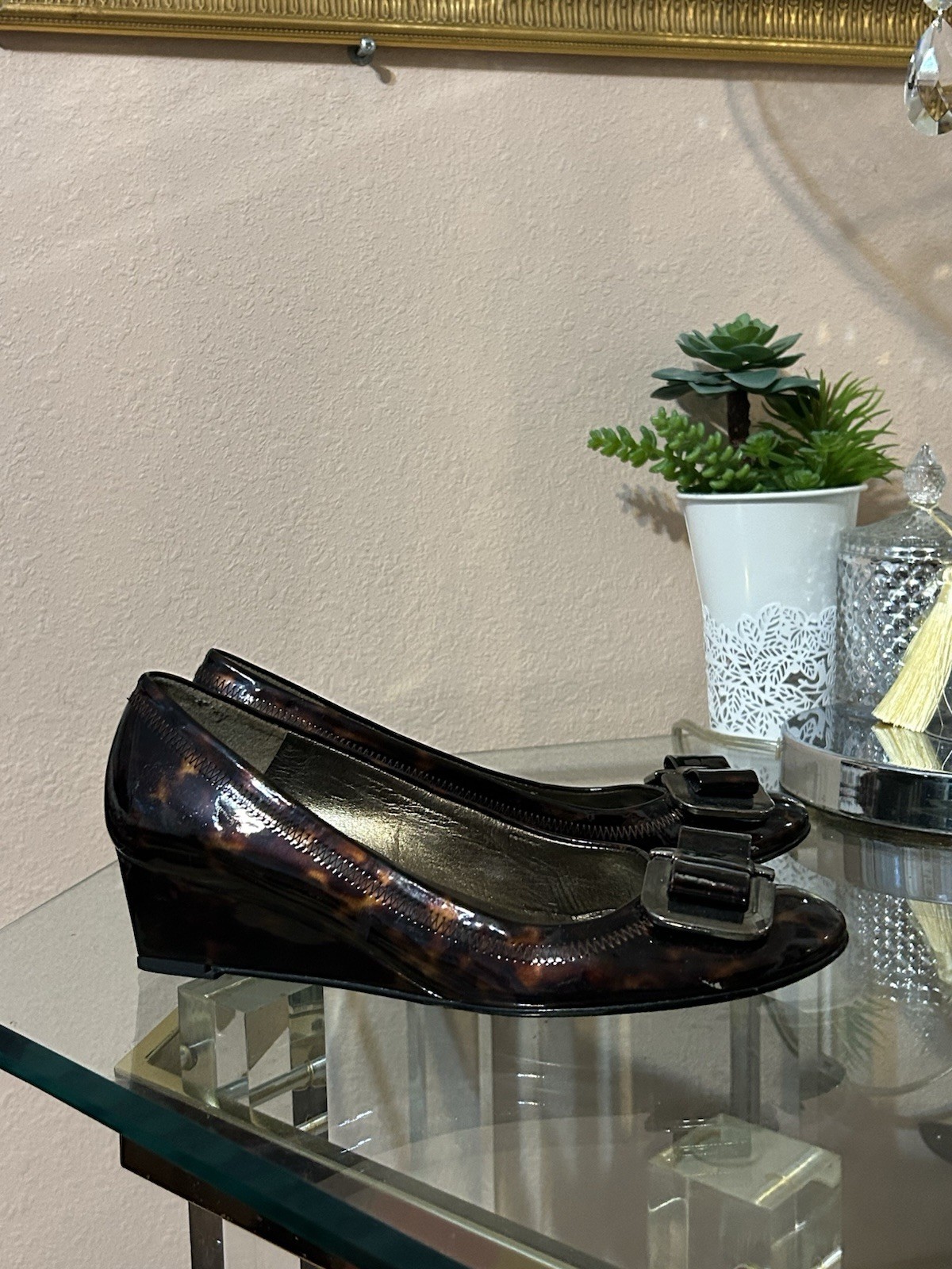 Stuart Weitzman Tortoise Patent Leather Brown Wedge Slip-On Pumps Size 7