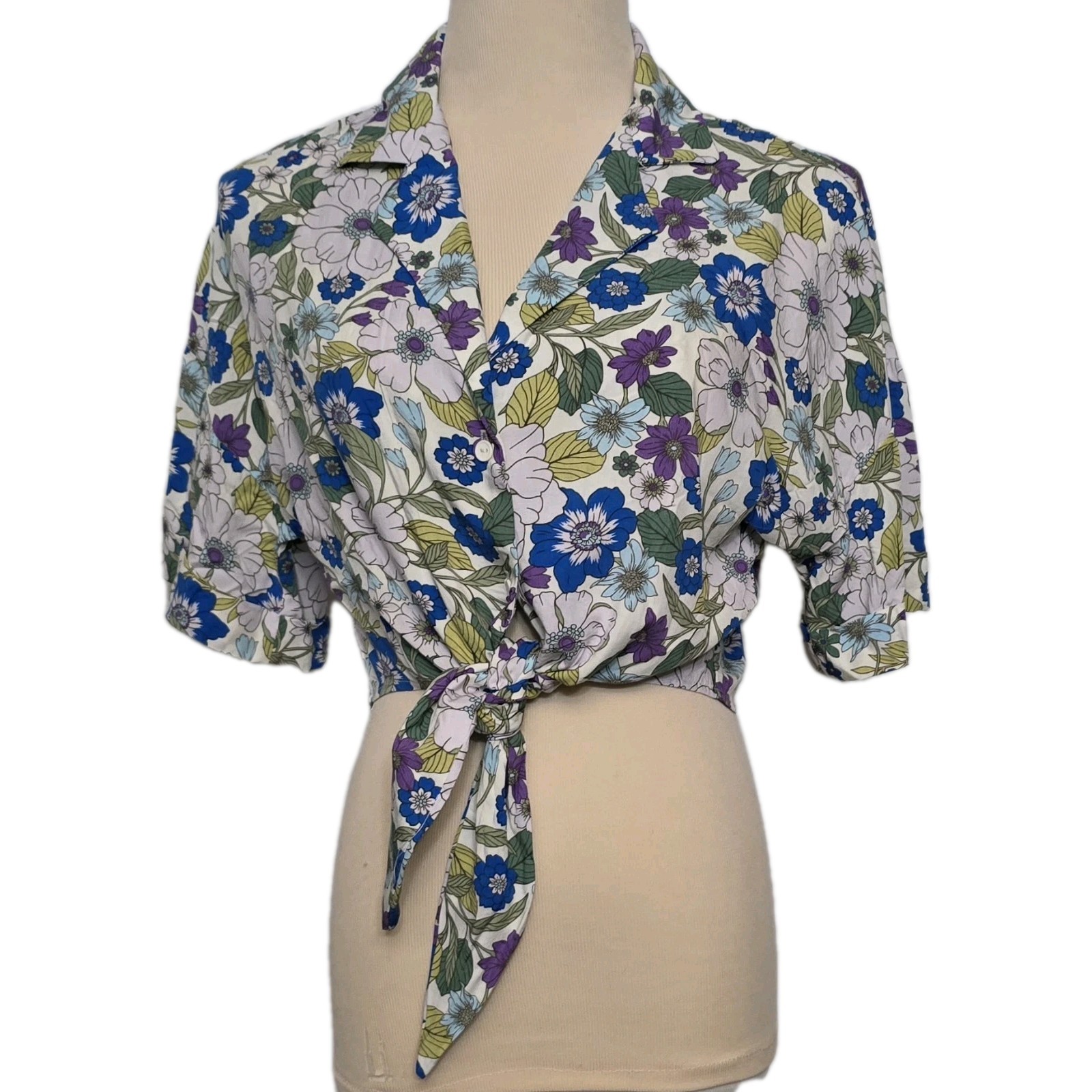 Love Notes Floral Tie Front Crop Top L Blue Multicolor Retro 70s Size S New