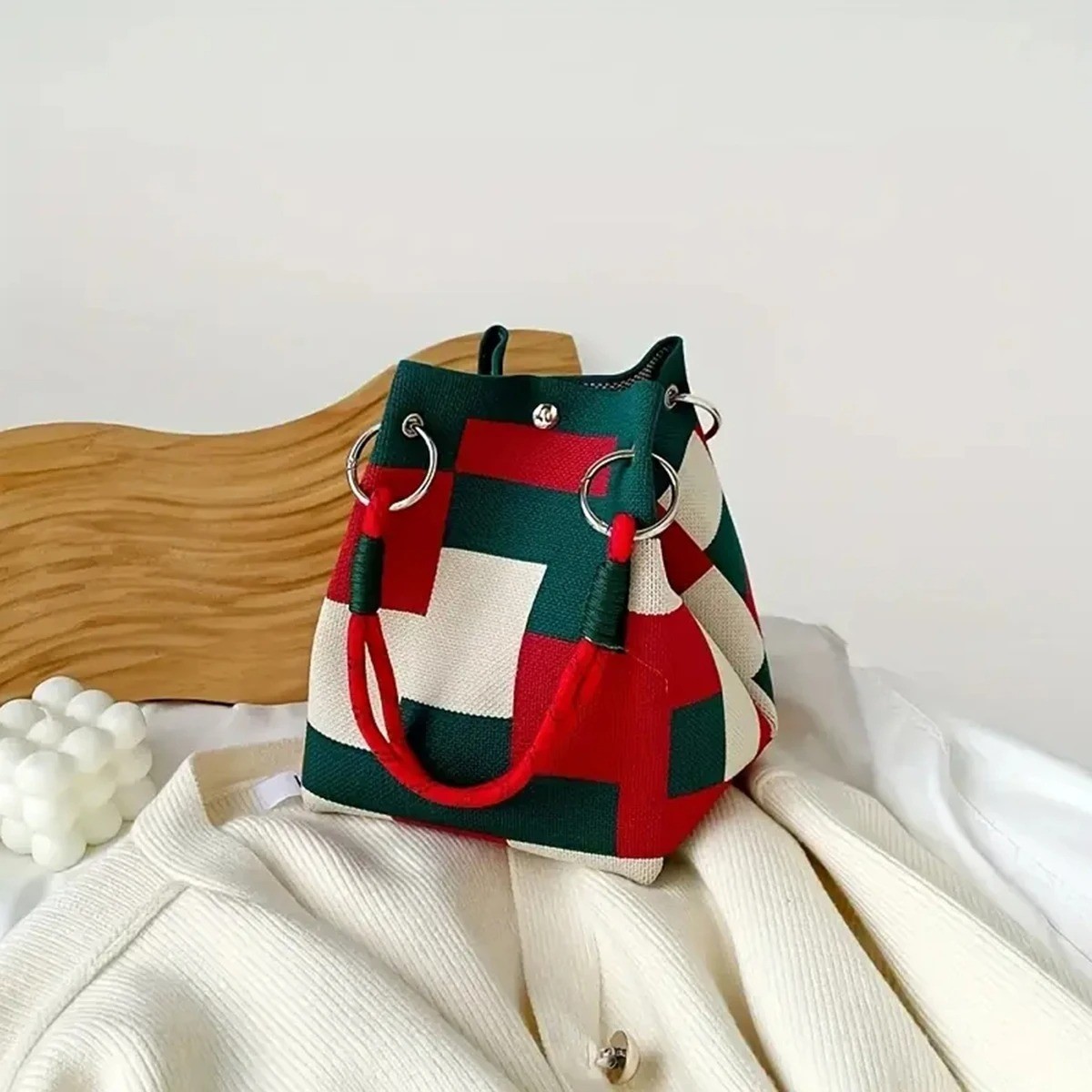 Multi-color Knitted Retro Bucket Handbag – Simple Color-block Versatile Bag