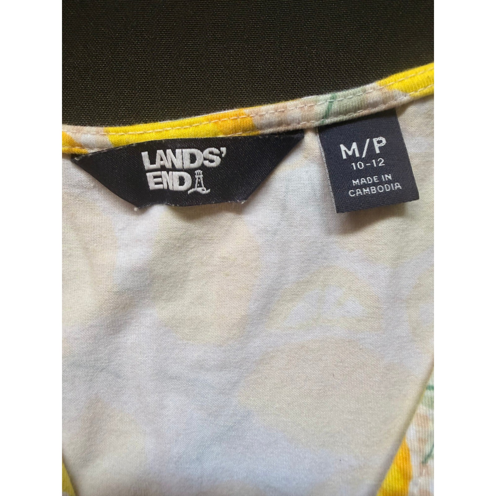 Lands End Yellow Lemon Print Faux Wrap Dress Size MP Sleeveless Gingham Tropical
