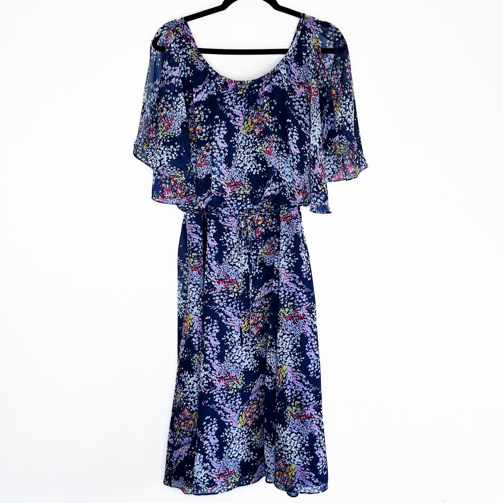 ModCloth Fiore Your Entertainment Flora Navy Blue Floral Cold Shoulder Dress Lg
