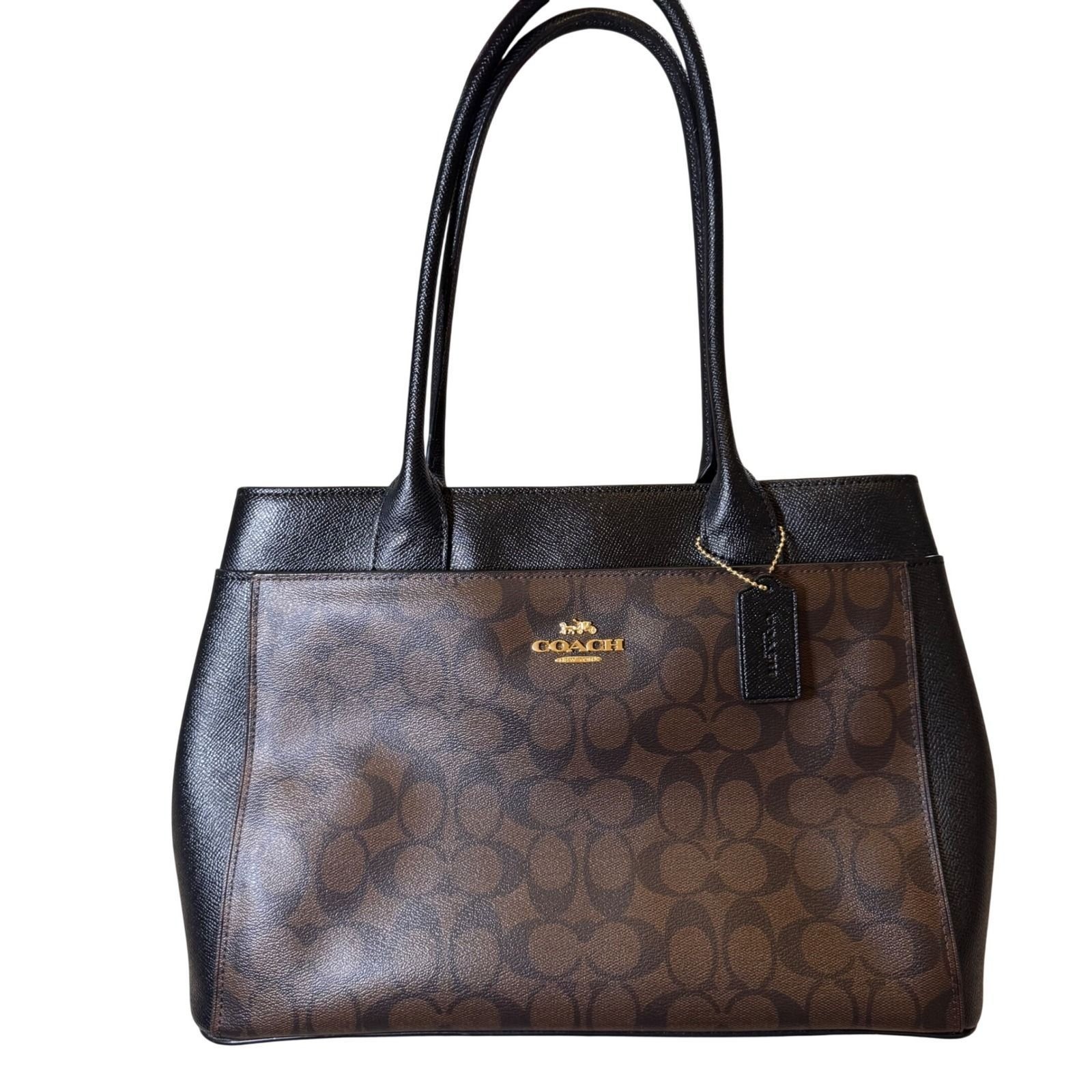 Coach Signature Leather Tote Bag Handbag Purse Brown Black Gold F31475