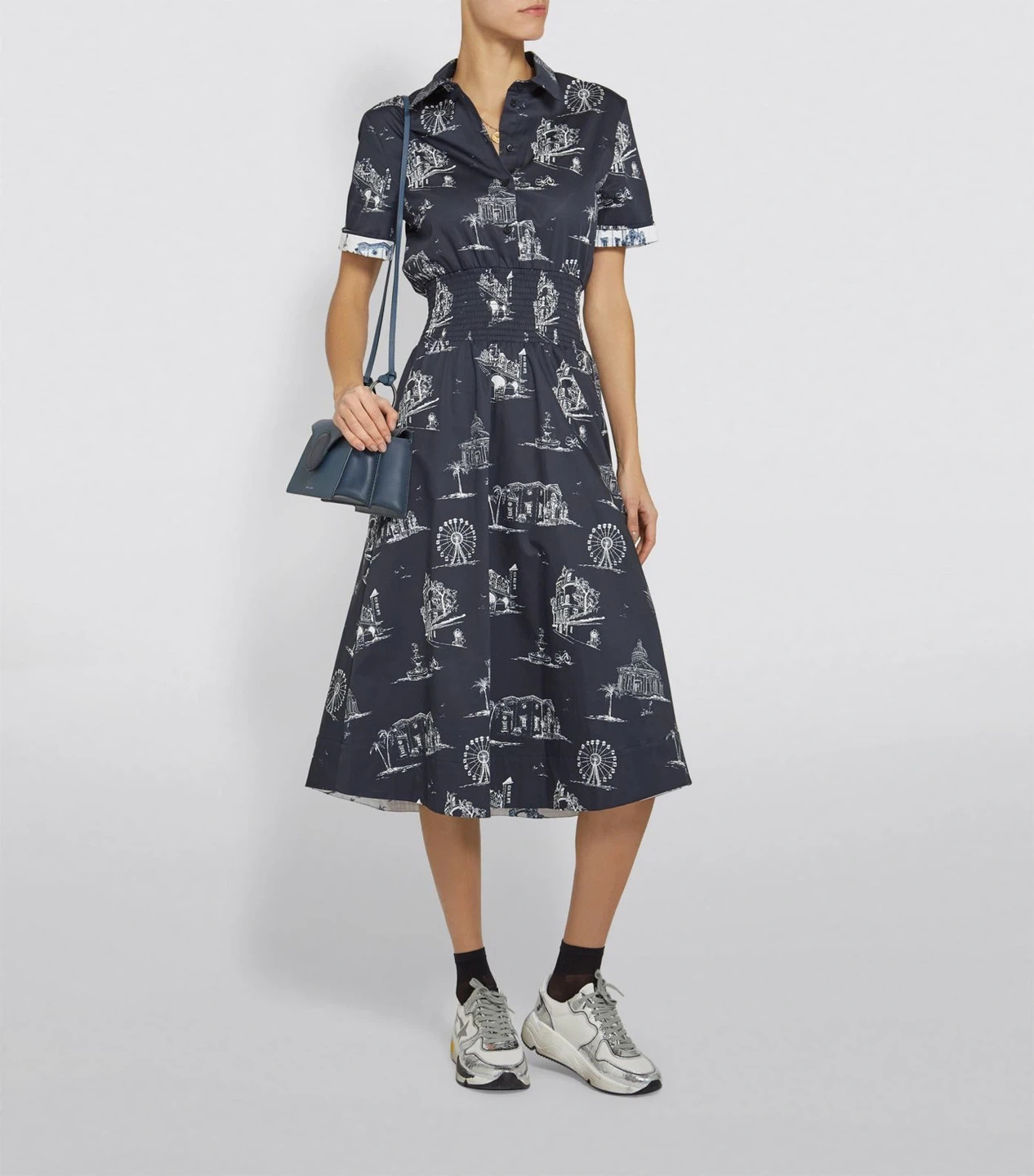 $415 MAJE Romila Printed Smocked Midi Shirt Dress – Dark Navy Blue – EU 2 / US M