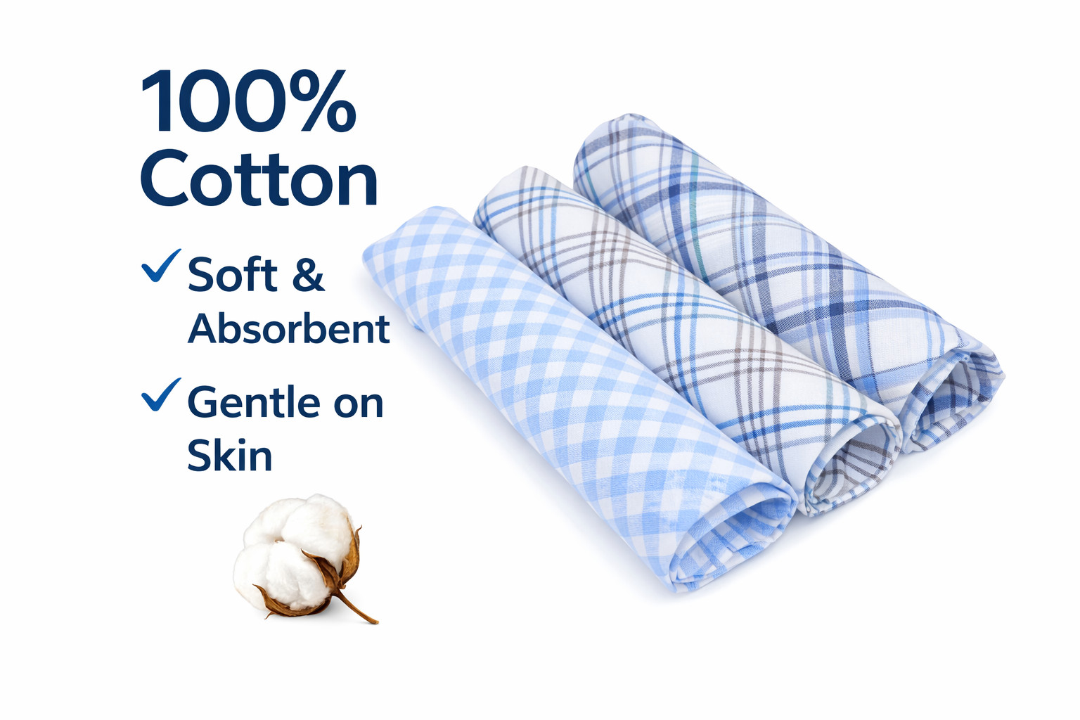 Men’s Cotton Handkerchief Set 3 Pack Blue Plaid Pocket Square Soft Reusable
