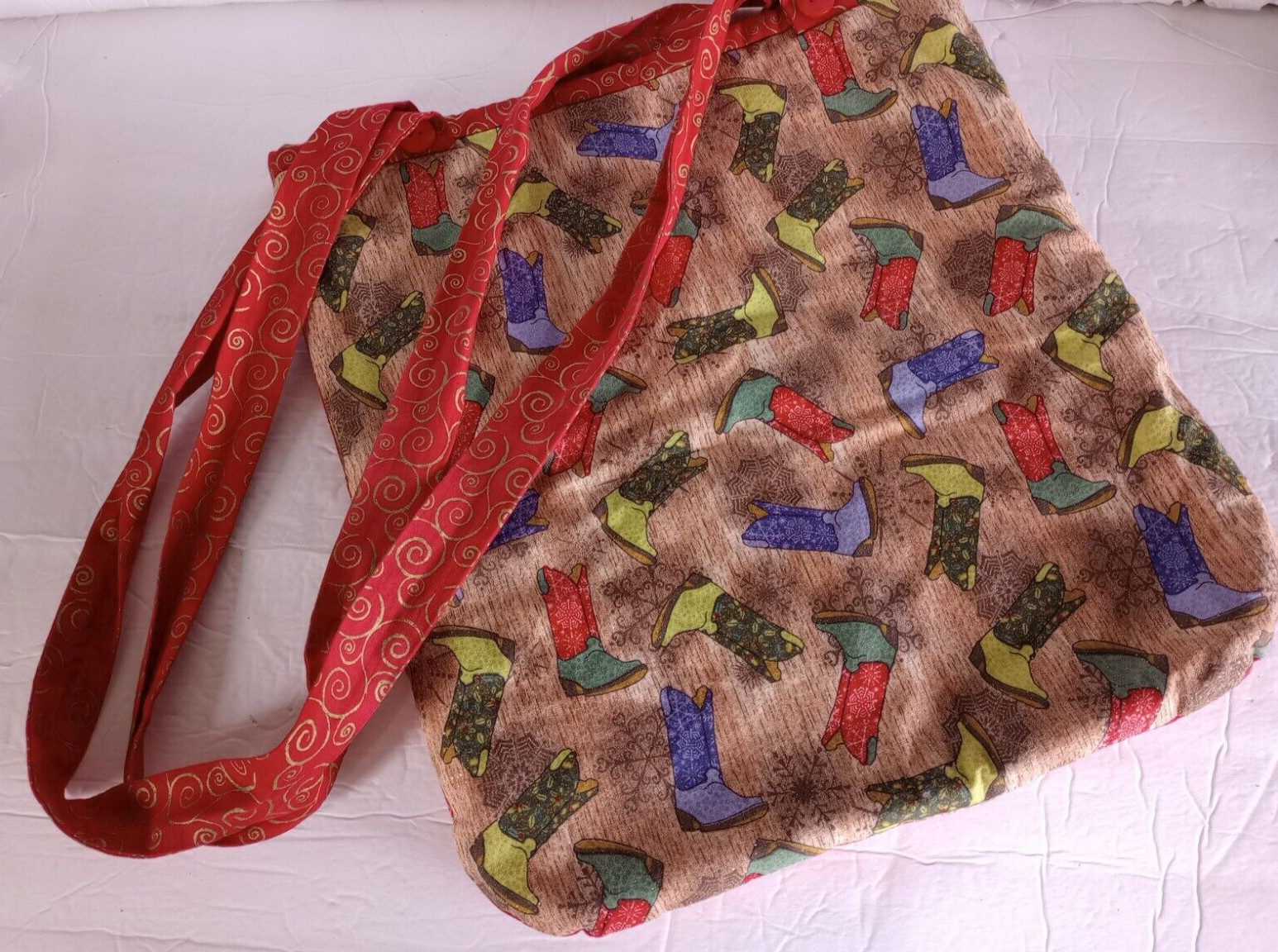 Handmade Cloth Re-Usable Shopping Tote Bag Cowboy Boot Print Colorful Red Sparkl