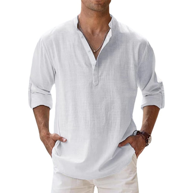 New Men’s Cotton Linen Henley Shirt Long Sleeve Casual Lightweight Beach Top