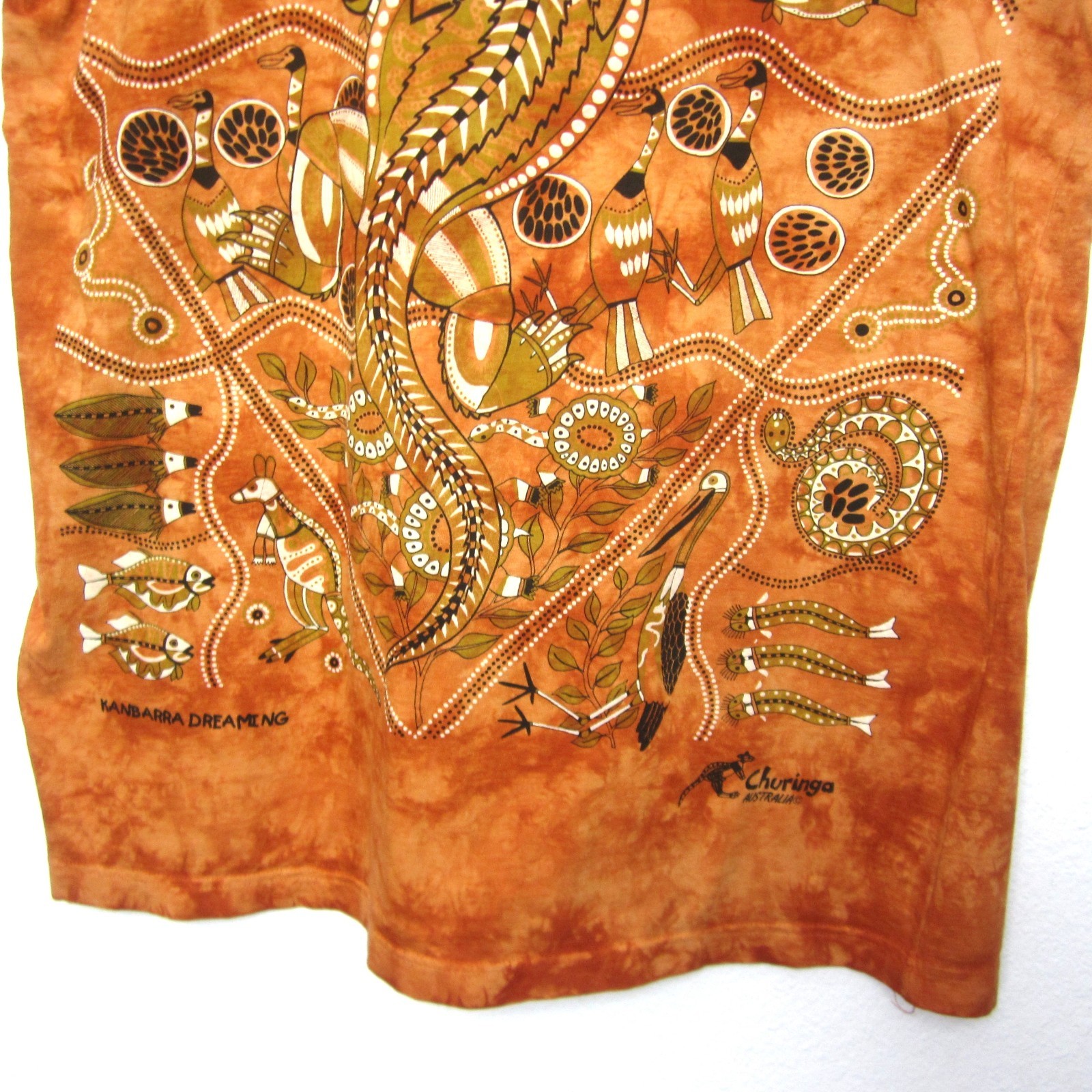VTG 90s Churinga Australia Tie Dye Dreaming Animals Native L Indigenous Orange