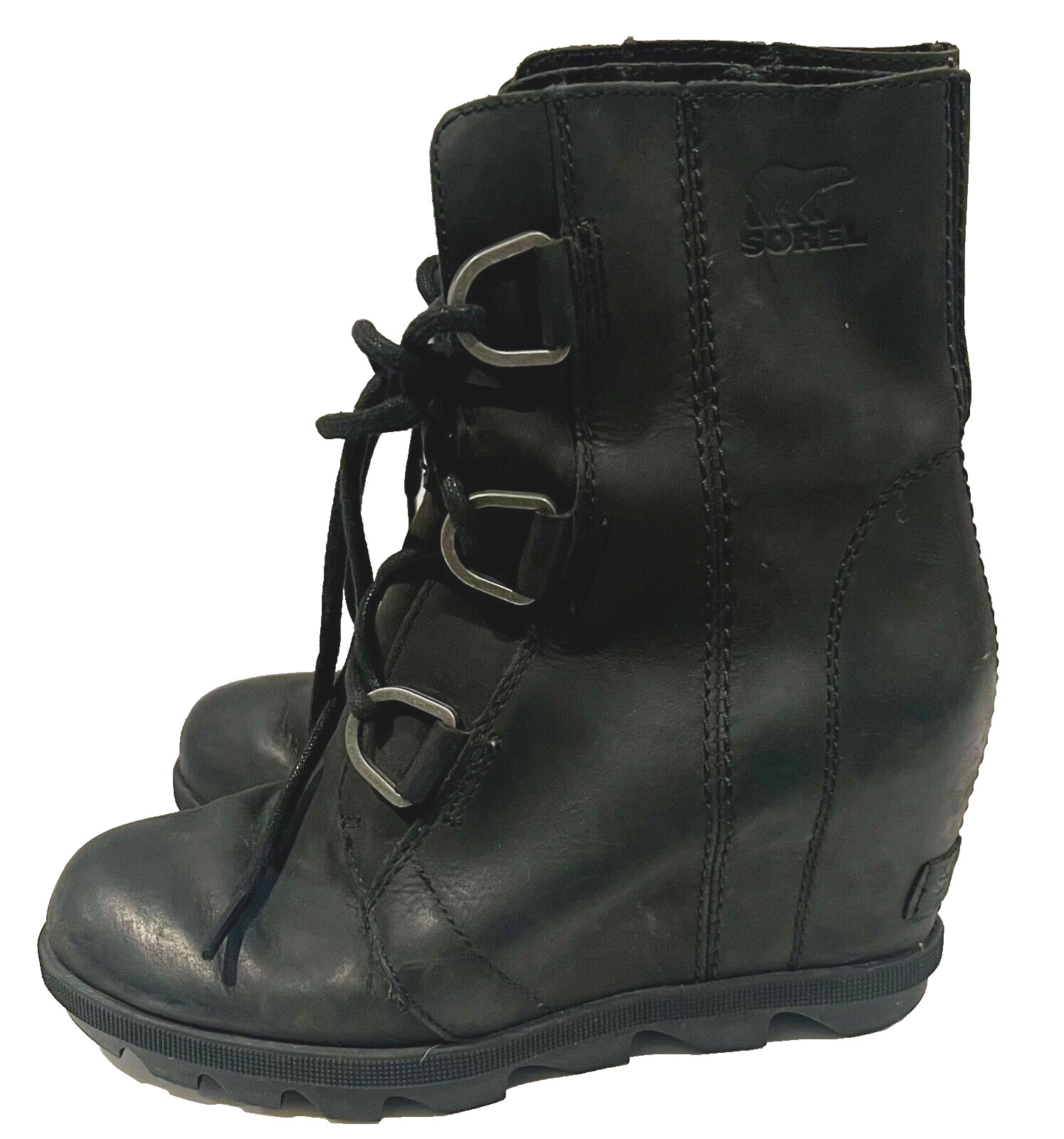 Sorel Joan of Arctic Wedge II Black Leather Waterproof Wedge Boots Women Sz 5.5