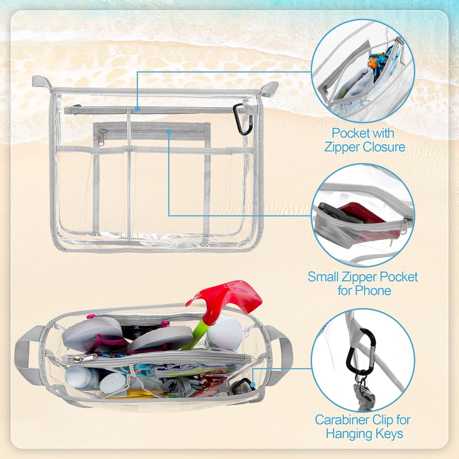 Clear Beach Bag Organizer Insert (12.4in x 10.2in x 4.3in) Compatible with Bo…