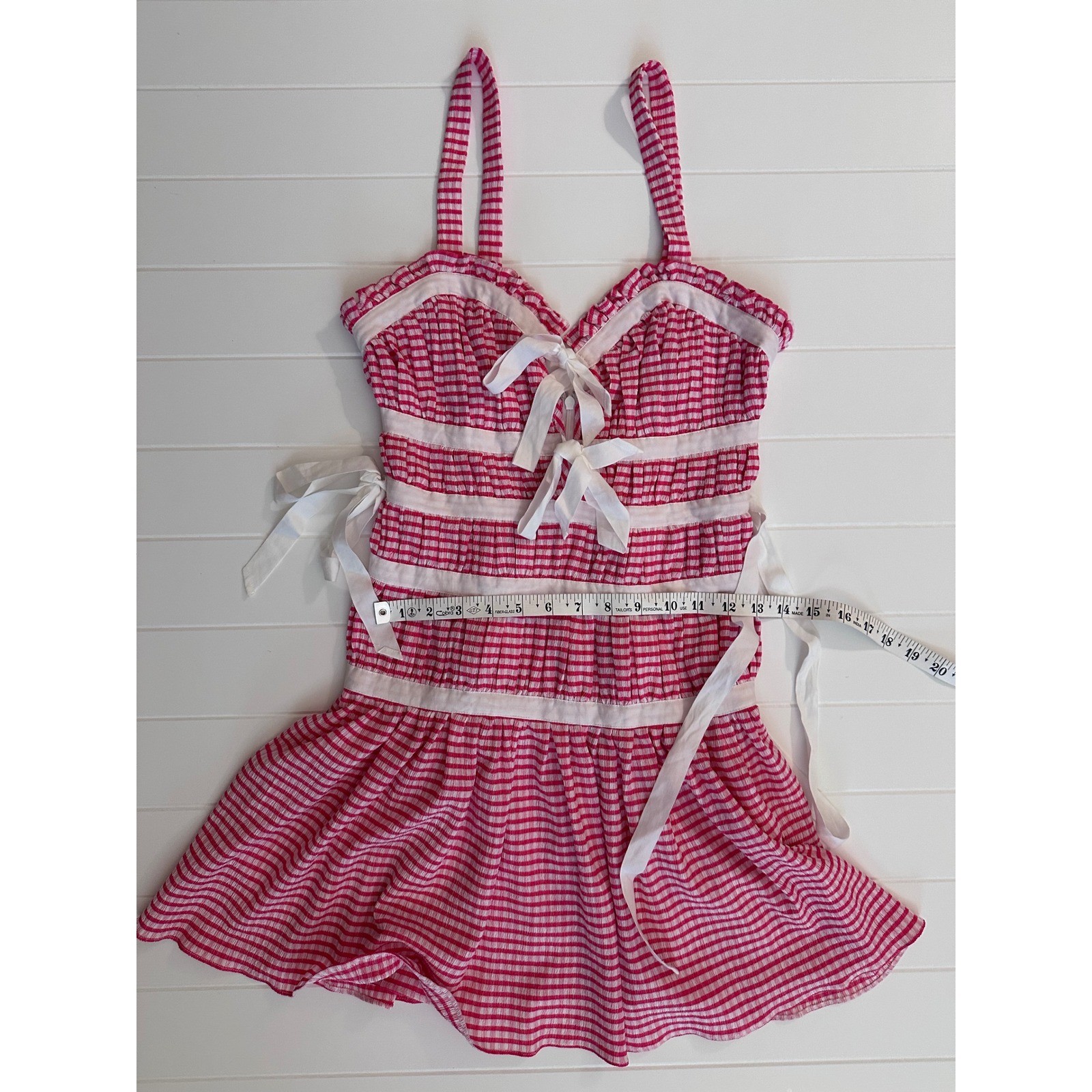 LPA Revolve Pink Gingham cottagecore milkmaid Mini Dress Ribbon Tie Smocked XS