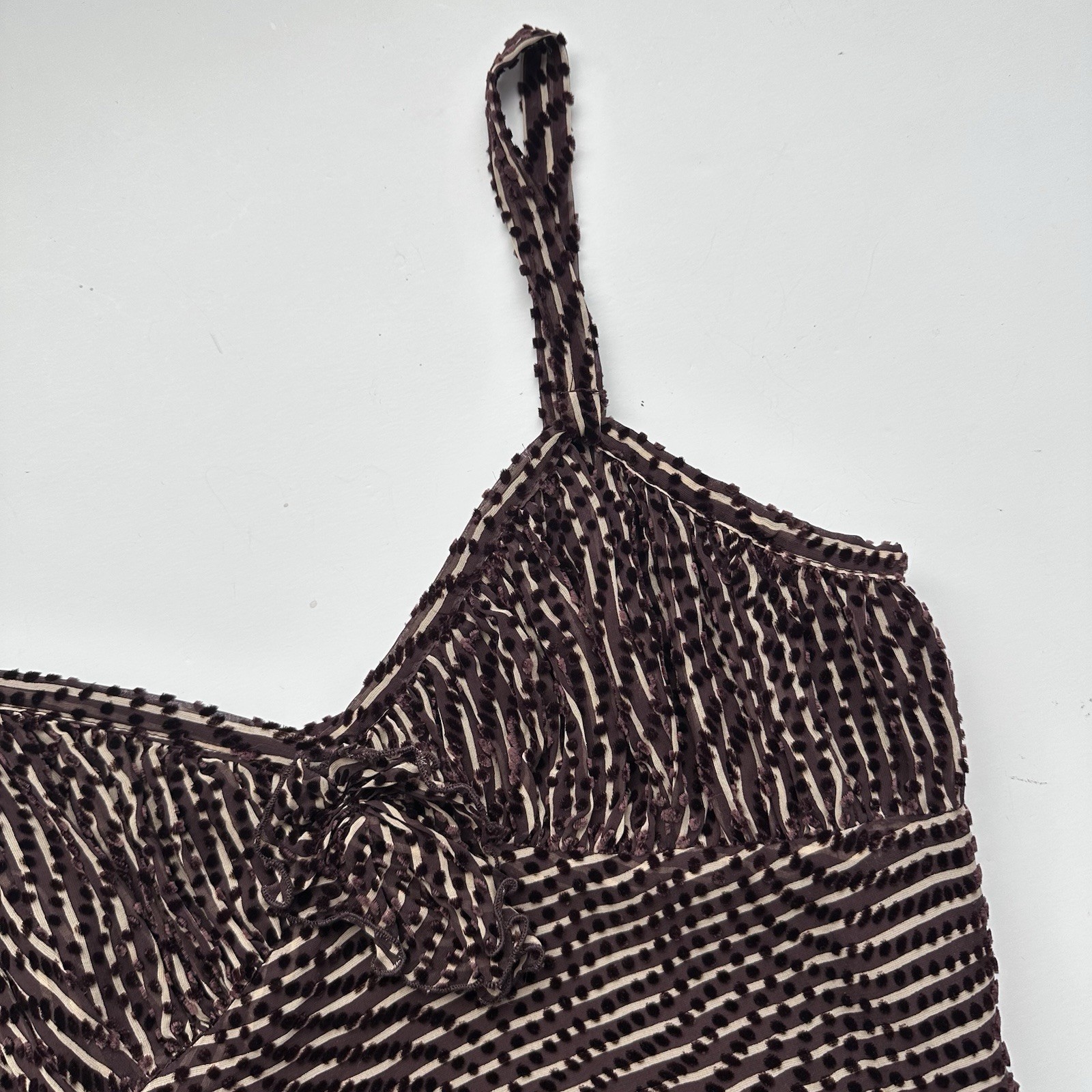 Anna Sui Spaghetti Strap Top Women’s 10 Brown Stripes Polka Dots Silk Blend