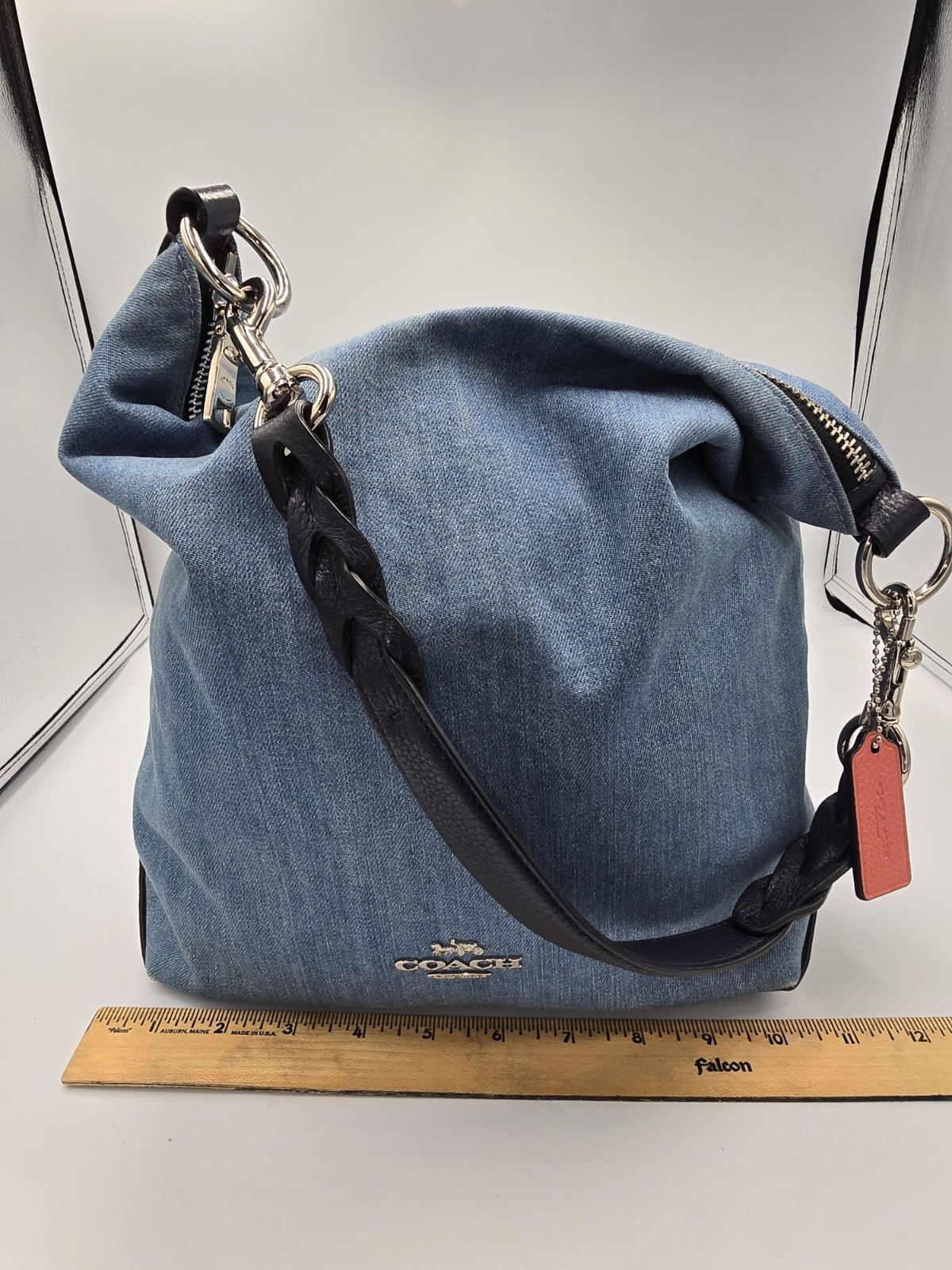 COACH 91452 Abby Duffle Shoulder Bag Light Blue Denim Navy Leather Trm Coral Int