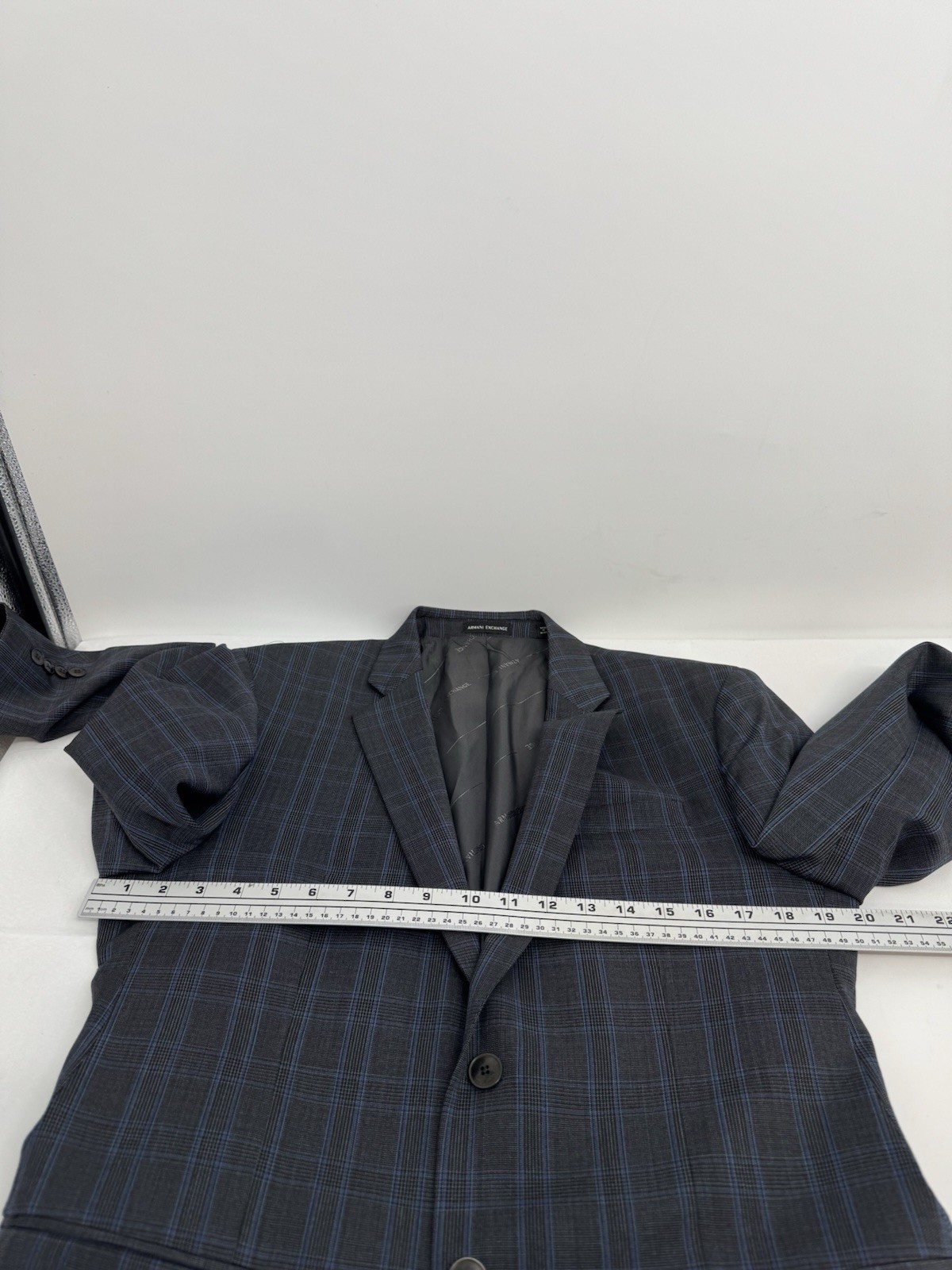 Armani Exchange 2 Piece Wool Suit 38 Pants 30WX 29L Gray/Blue Plaid
