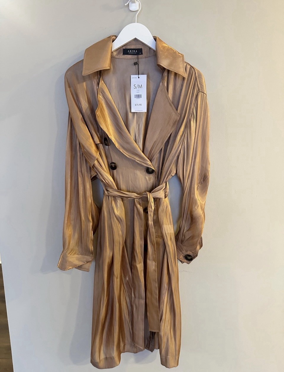 AKIRA Metallic Rose Gold Double-Breasted Trench Coat