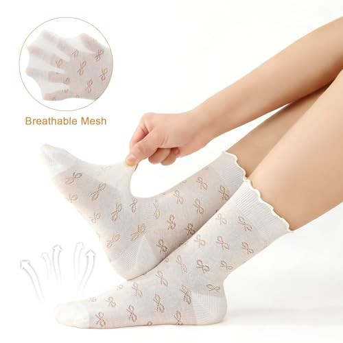 6 Pairs Women’s Ruffle Socks Casual Cotton Black White Beige Pink Gray Blue