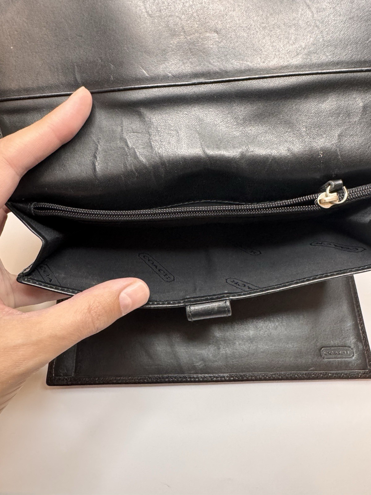 Vintage Coach Black Tri-Fold Clutch Wallet Organizer, Snap & Zip Coin Pocket