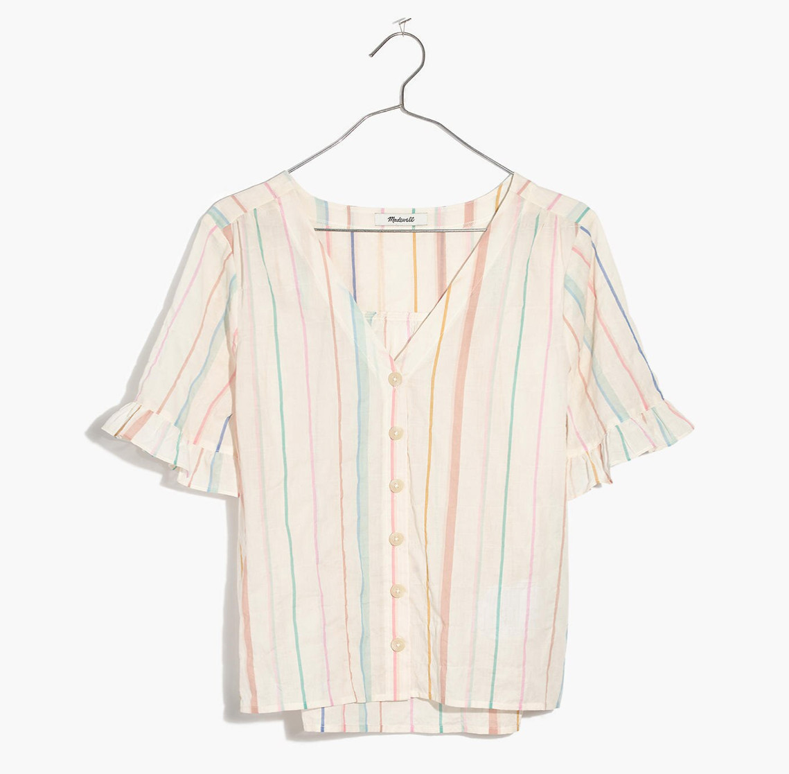 MADEWELL MULTICOLOR RAINBOW STRIPED RUFFLE SLEEVE BUTTON VILLAGE DOWN SHIRT XL