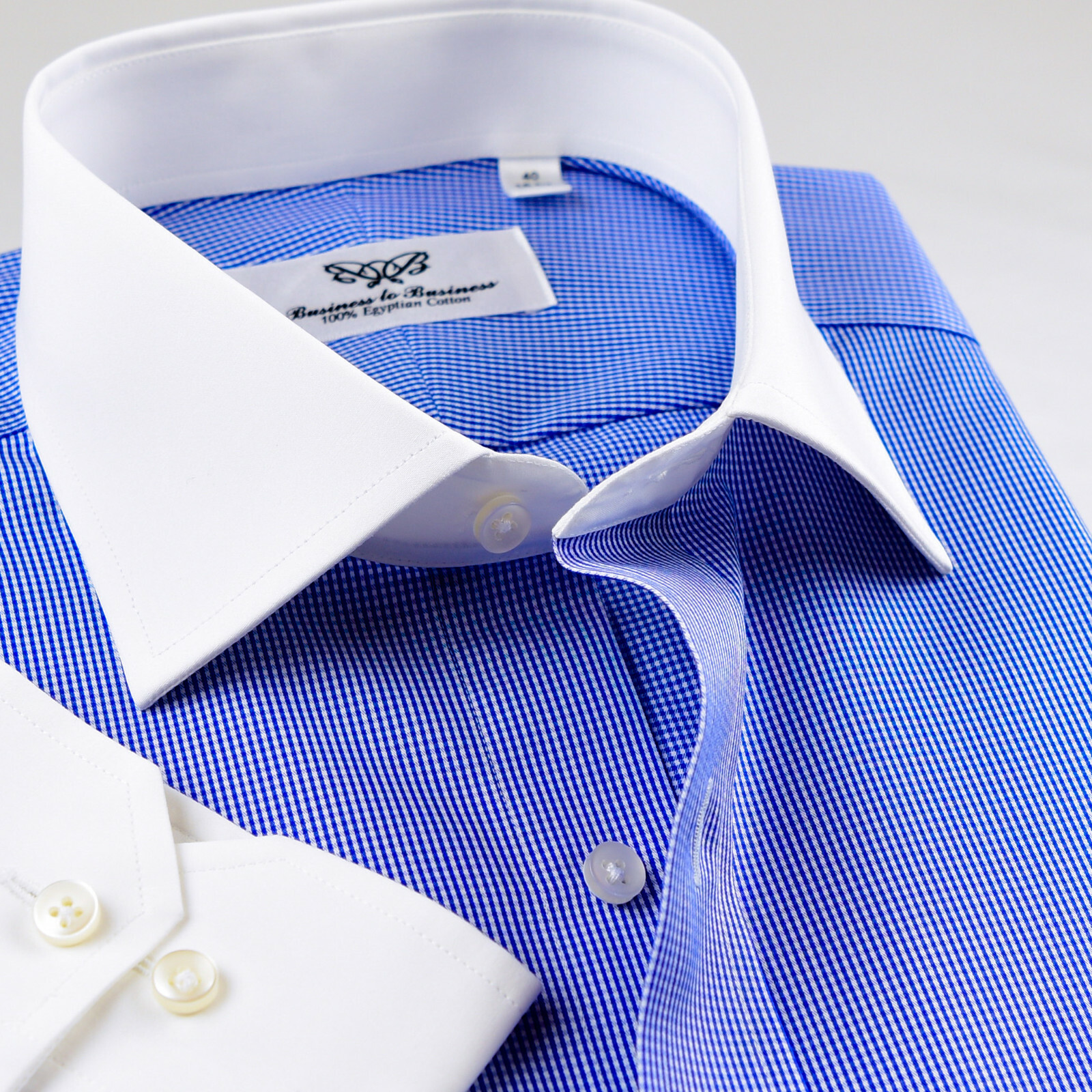 Mens Blue Gingham Contrast Double Ply 80’s Fine Wevon Formal Business Shirts